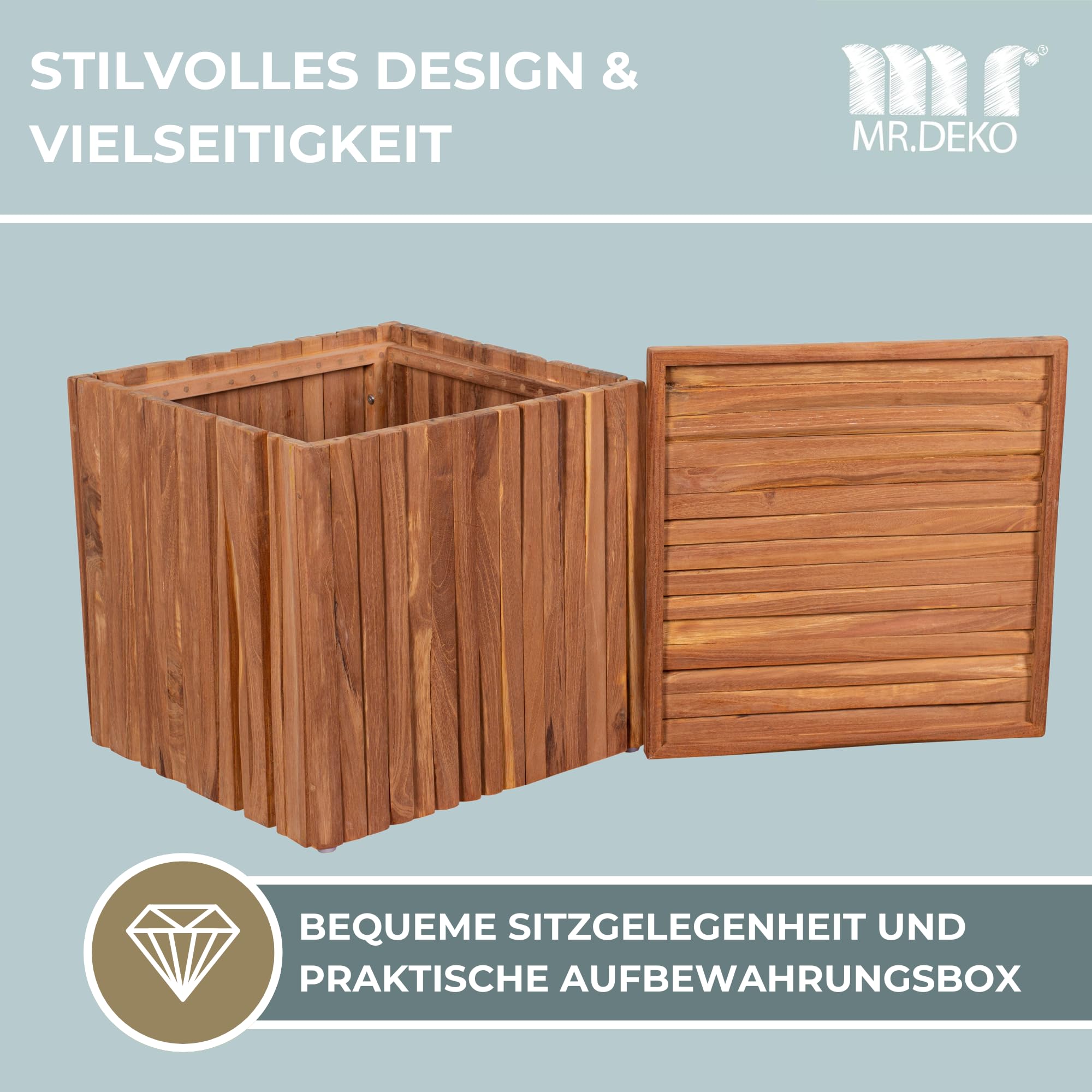 MR. DEKO Teakbox Oxford Sitzhocker inkl. Sitzkissen | Teak Holz Gartenhocker Wetterfest | Auflagenbox Klein Massivholz Teakholz | Beistelltisch Garten Stauraum | Sitzbox Balkon 45x45 cm