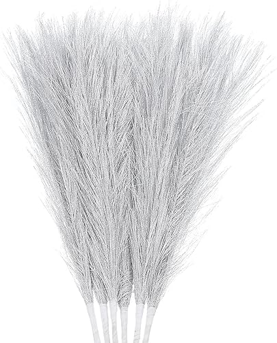 uxcell 6 piezas de hierba de pampa sintética pequeña de 17.7 pulgadas de hierba de pampa esponjosa falsa 7 ramas, relleno de jarrón artificial para