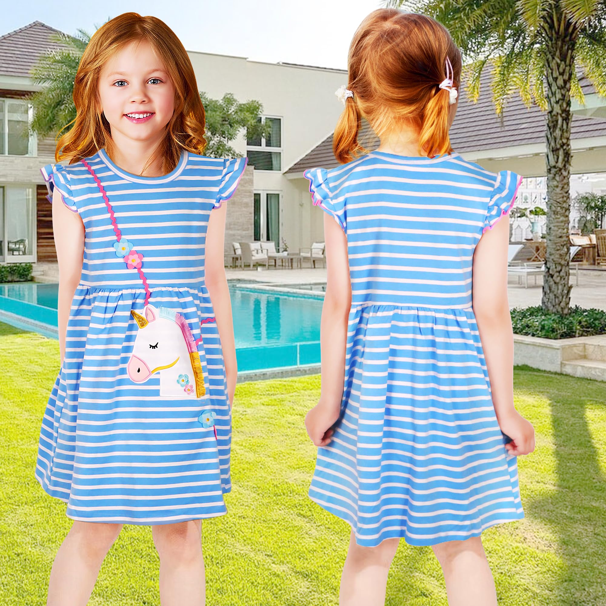 JinBei Vestido para Niñas Algodon Manga Corta Cuello Redondo T-Shirt Rayas Unicornio 2-8 Años