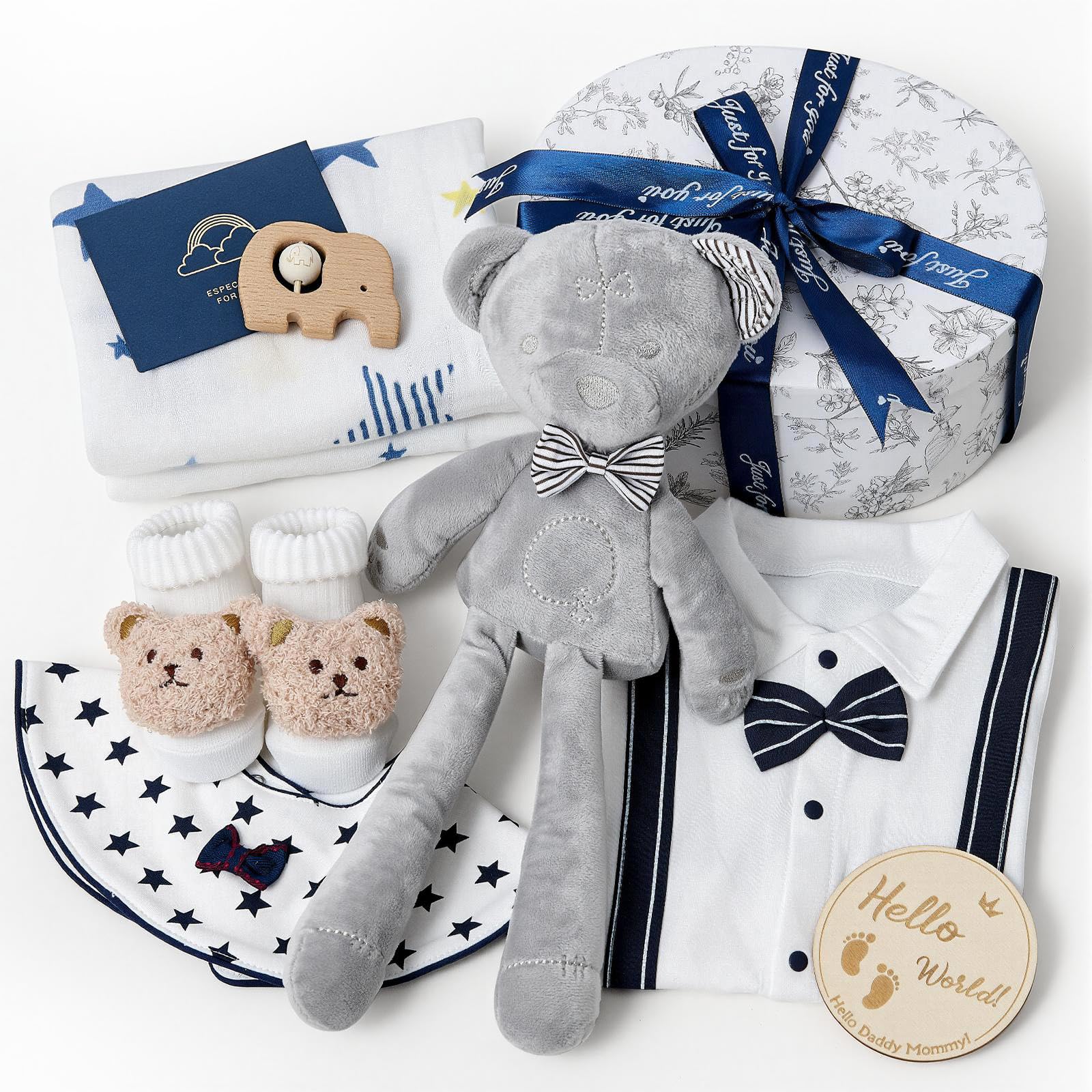Set Regalo Neonato Nascita Bimbo, con Pagliaccetto Coperta Bavaglino Calzini Antiscivolo Sonaglio Giocattoli di Peluche Regalo Neonato Nascita Battesimo Maschio Bimba Regali Baby Shower Unisex