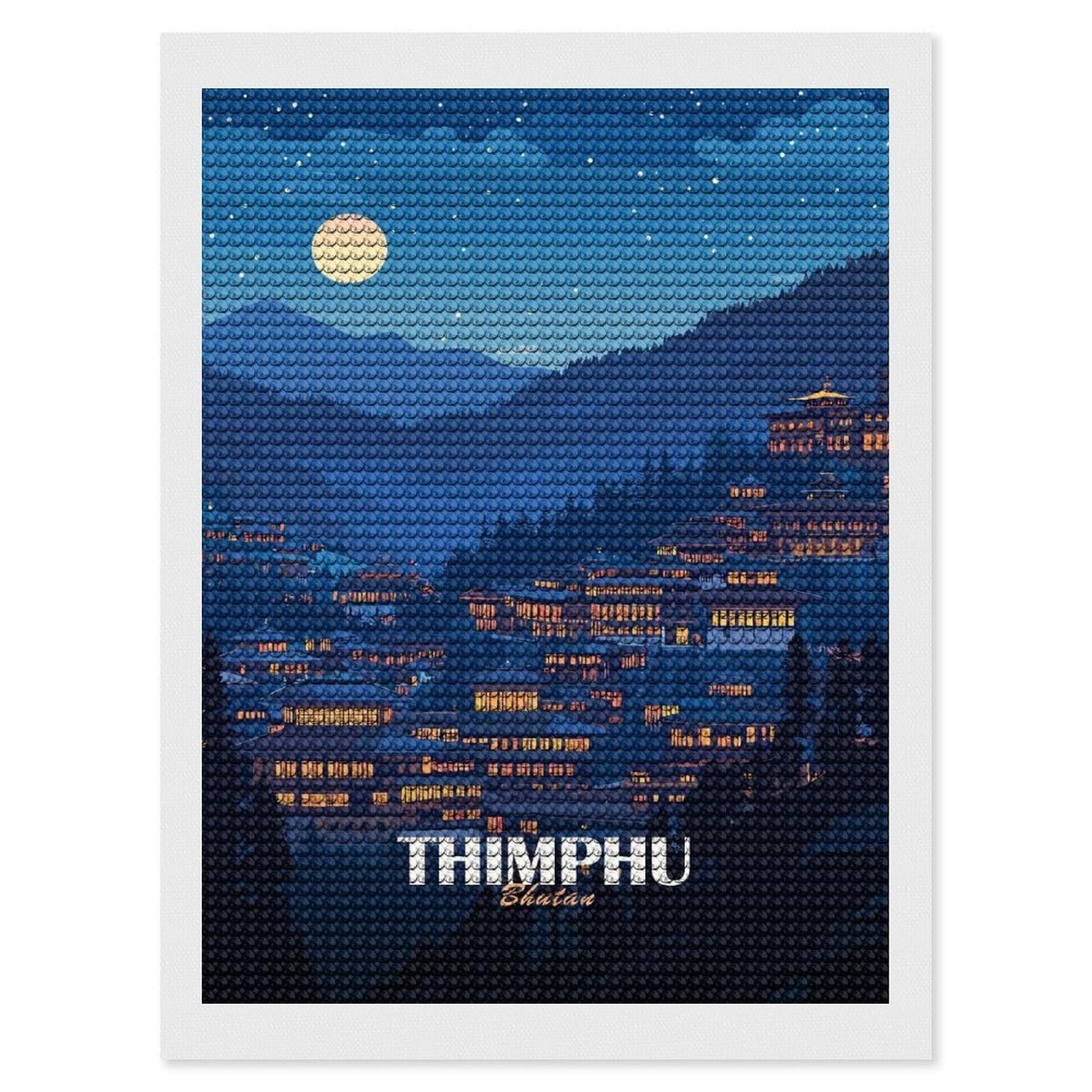 Junmoney Thimphu, Bhutan Nightscape Illustration Diamond Painting Canvas Kit 12"x16", Adhesive Canvas, Living Room Decor, Farmhouse Decor, Winter Craft
