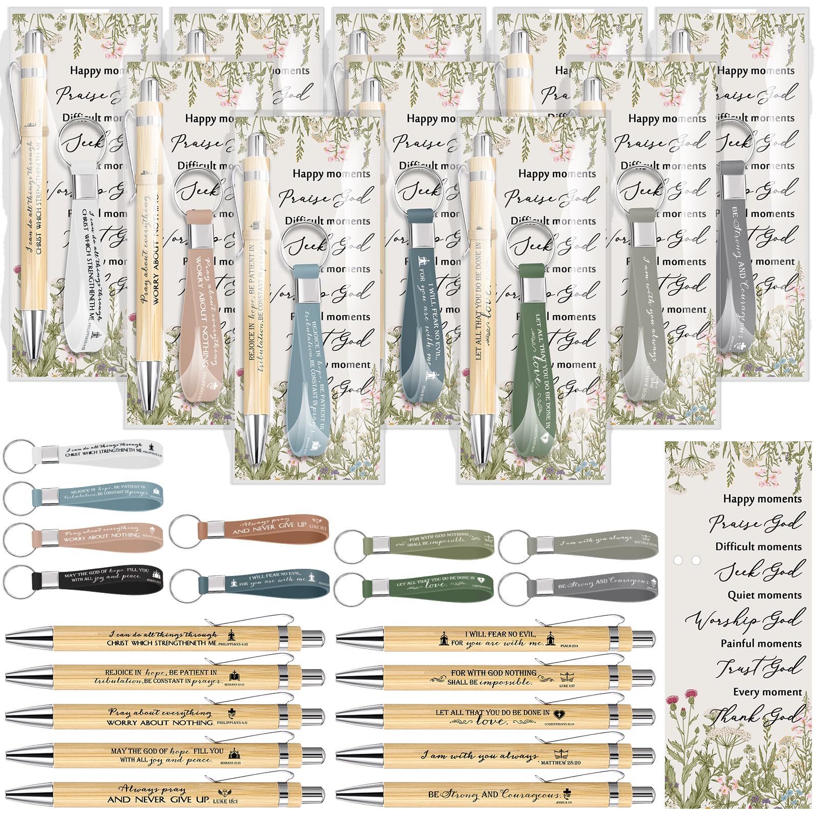 Lincia 50 Sets Christian Gifts Bulk Bible Verse Bamboo Pen Christian Keychains Silicone Tags Bags Religious Bookmarks Gift for Pastor Church Men Women