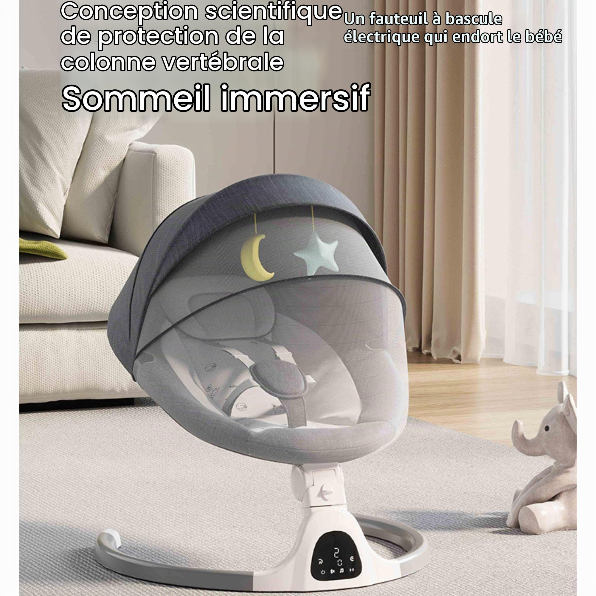 GLOKID Transat bebe électrique, balancelle bebe, pliable, harnais de sécurité 5 points, bluetooth, musique, électriqueavec télécommande, arche avec jouets (Gris)