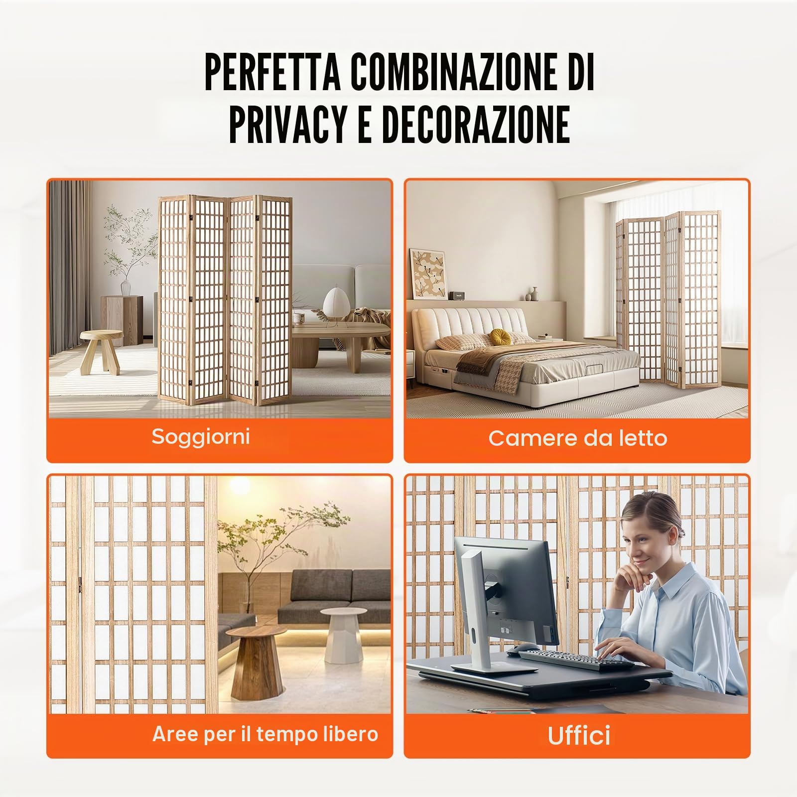 VEVOR Divisorio Giapponese per Privacy Divisorio Pieghevole, Schermo Decorativo Portatile per Separazione Spazio con 4 Pannelli Pieghevoli per Ufficio, Ristorante, Camera da Letto