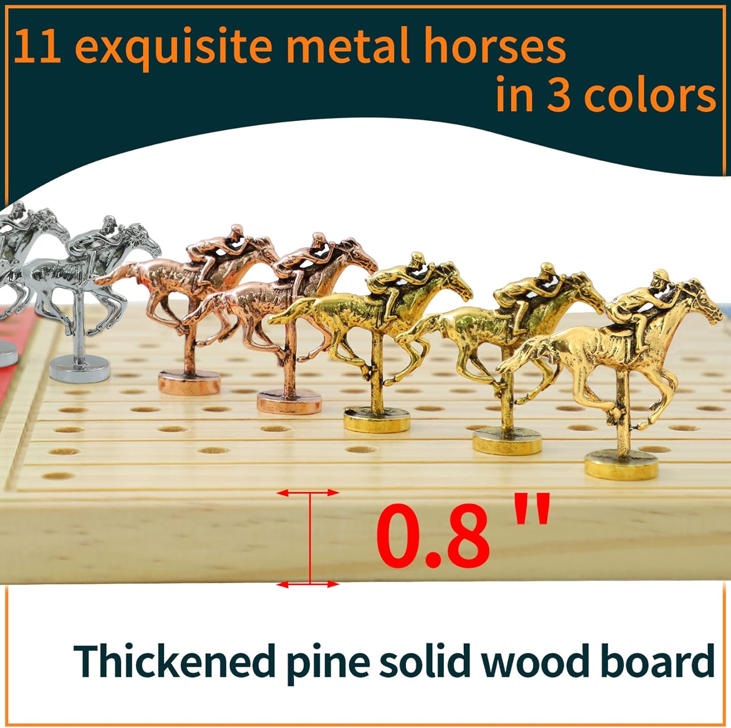 Jyquorp 21 inches Horse Race Board Game Racing Game Solid Wood with 11 Luxurious Durable Classic Metal Horses with 4 Dice and 2 Boxes of Cards Finish Line Horse Racing Game（Log Color）