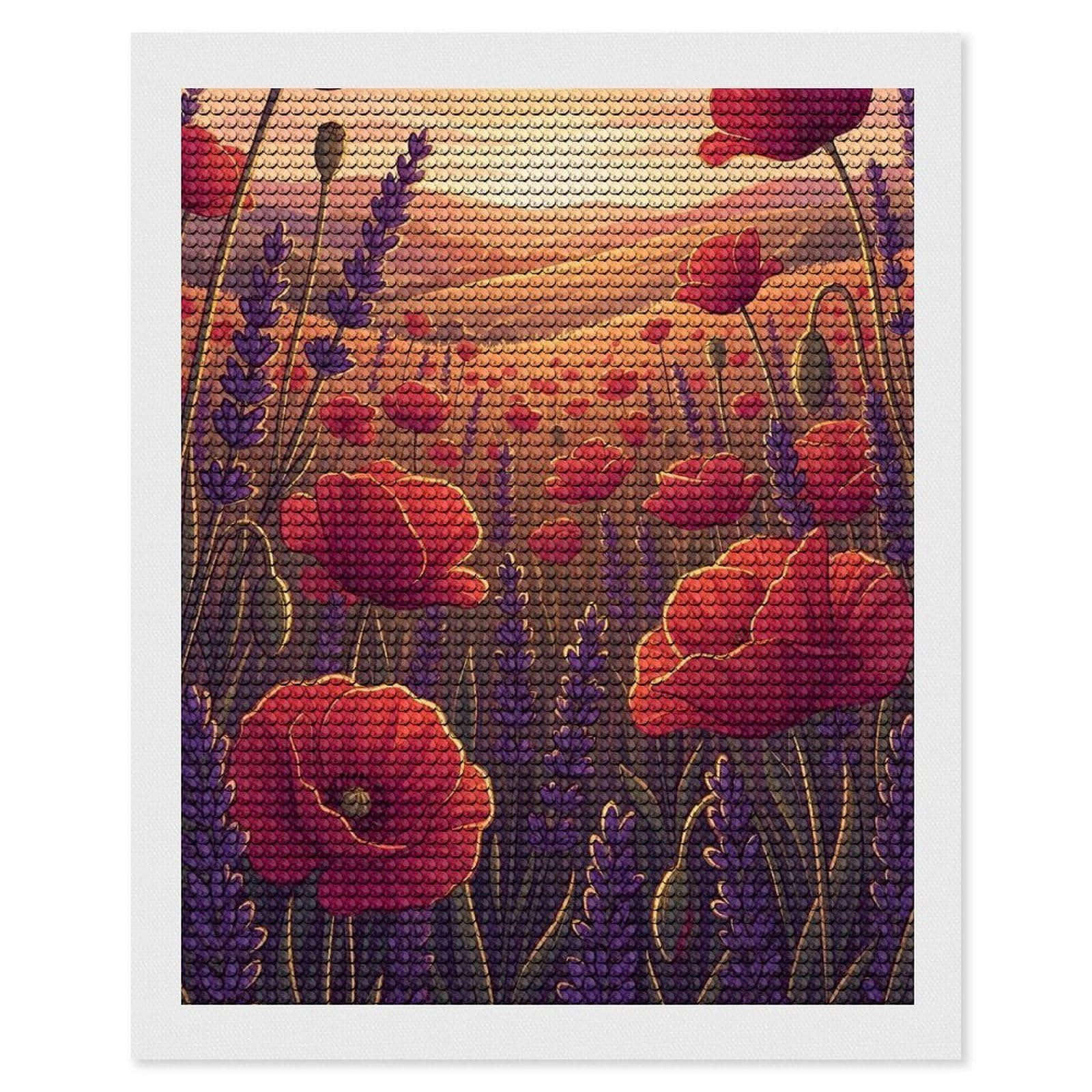 Junmoney Poppy and Lavender Field at Sunset Diamond Painting Canvas Kit 16"x20", Adhesive Canvas, Living Room Decor, Farmhouse Decor, Winter Craft