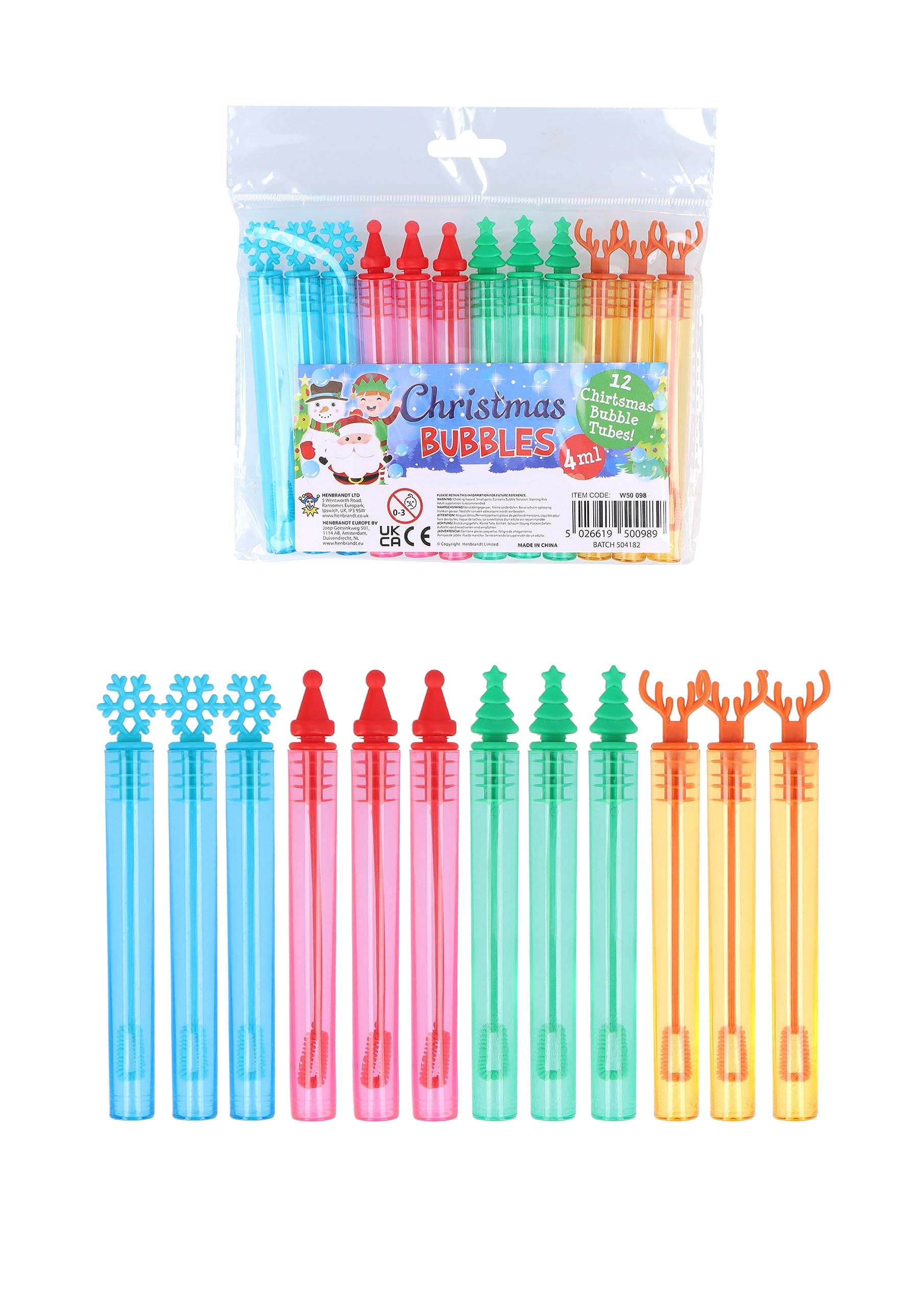 Henbrandt 12 x Mini Christmas Bubble Tubes with Wand Children’s 4ml Bubbles with Xmas Toppers Stocking Loot Bag Fillers Party Bags Outdoor Games for Boys and Girls