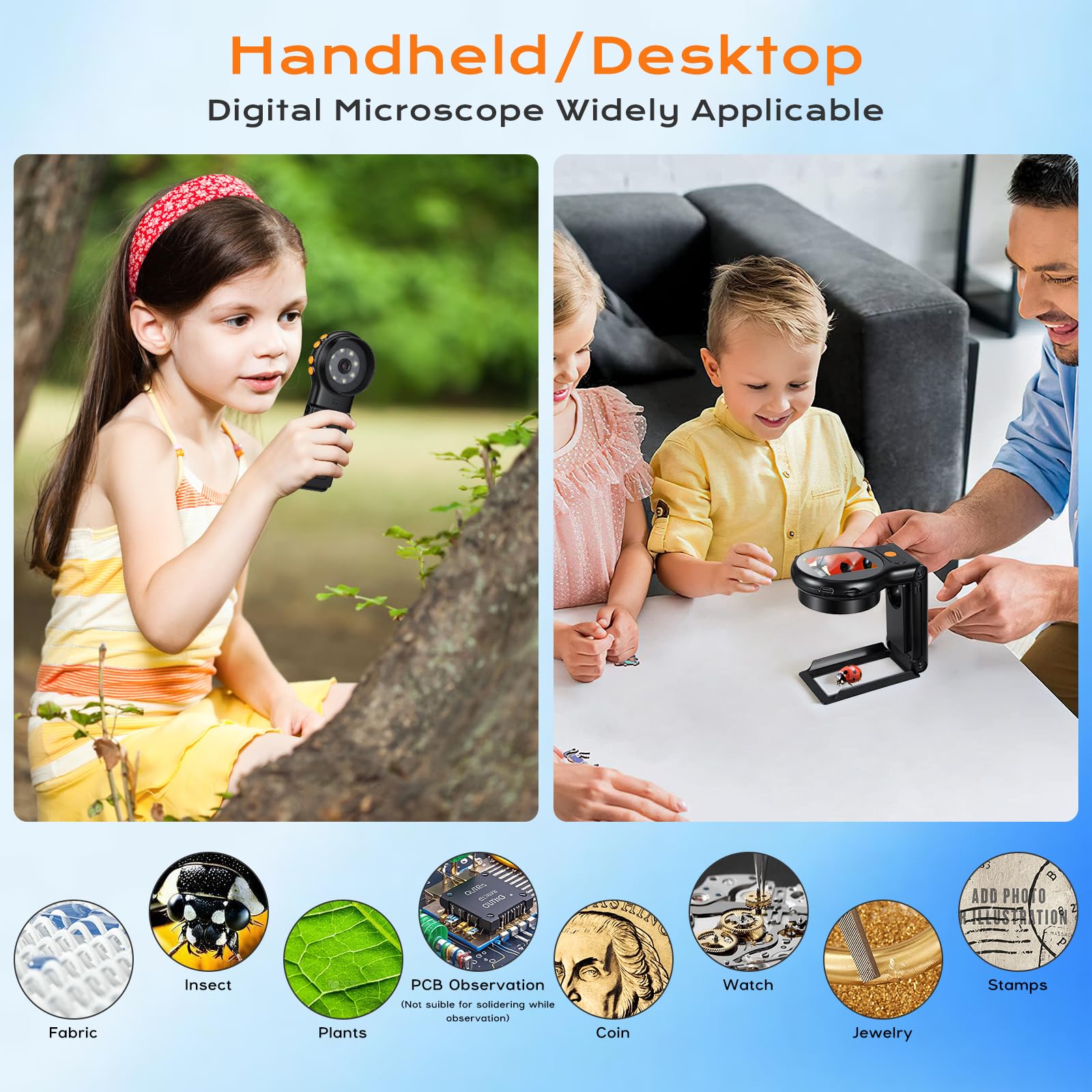 Microscopio de Mano 500X Cámaras de Microscopio Portátil con Pantalla IPS 2.0'' Recargable, Microscopios Digitales de Bolsillo con 8 Luces LED Ajustables y Lupa para Insectos Plantas Monedas Joyería
