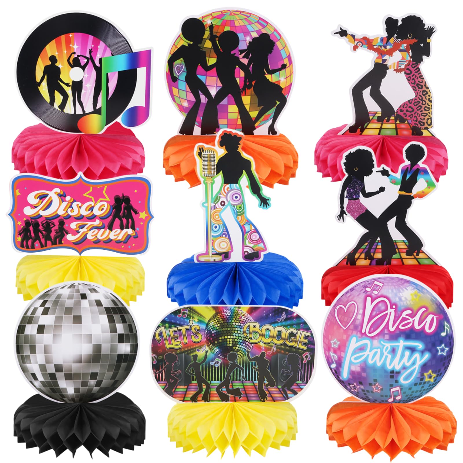 9pcs Disco Honeycomb Centerpieces 70s Disco Fever Party Table Decorations Dancing Queen Tabletop Centerpieces for 1970s Party Celebration Back to 70s Nostalgic Party Supplies Table Topper Sign Decors