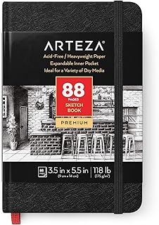 Arteza Sketchbook, 9 x 14 cm, 44 Sheets — 88 Pages, 175 GSM Small Notebook with Bookmark and Elastic Closure, Art Supplies for Dry Media Drawing and Journaling