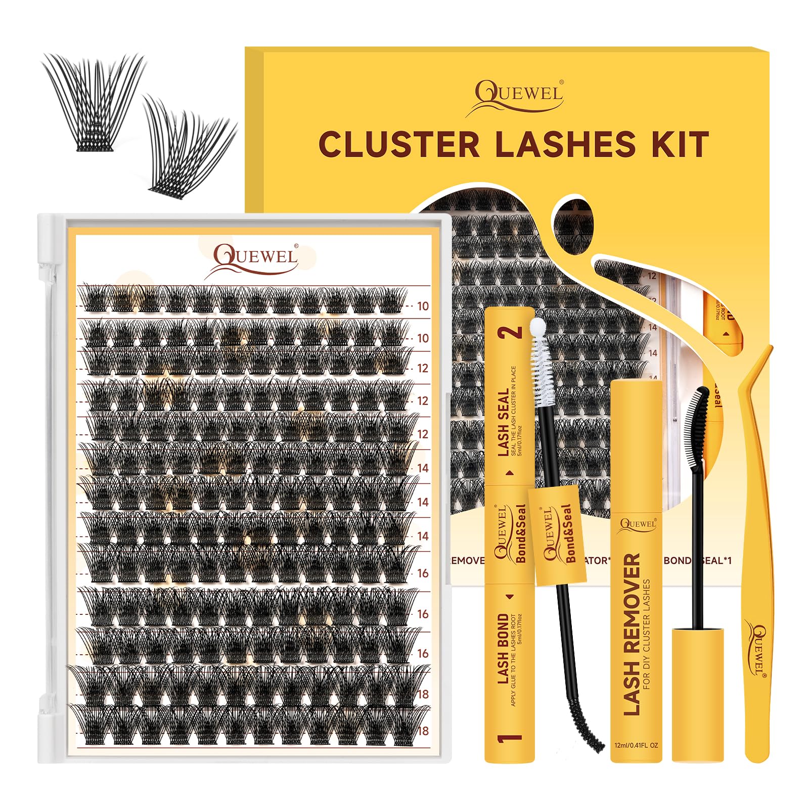 QUEWEL DIY Lash Extension Kit, 156 Pcs Lash Clusters with Cluster Lashes Bond and Seal, Eyelash Clusters Applicator and 12ml Lash Cluster Glue Remover, DIY Lash Extensions at Home(QUBM-MIX10-18)