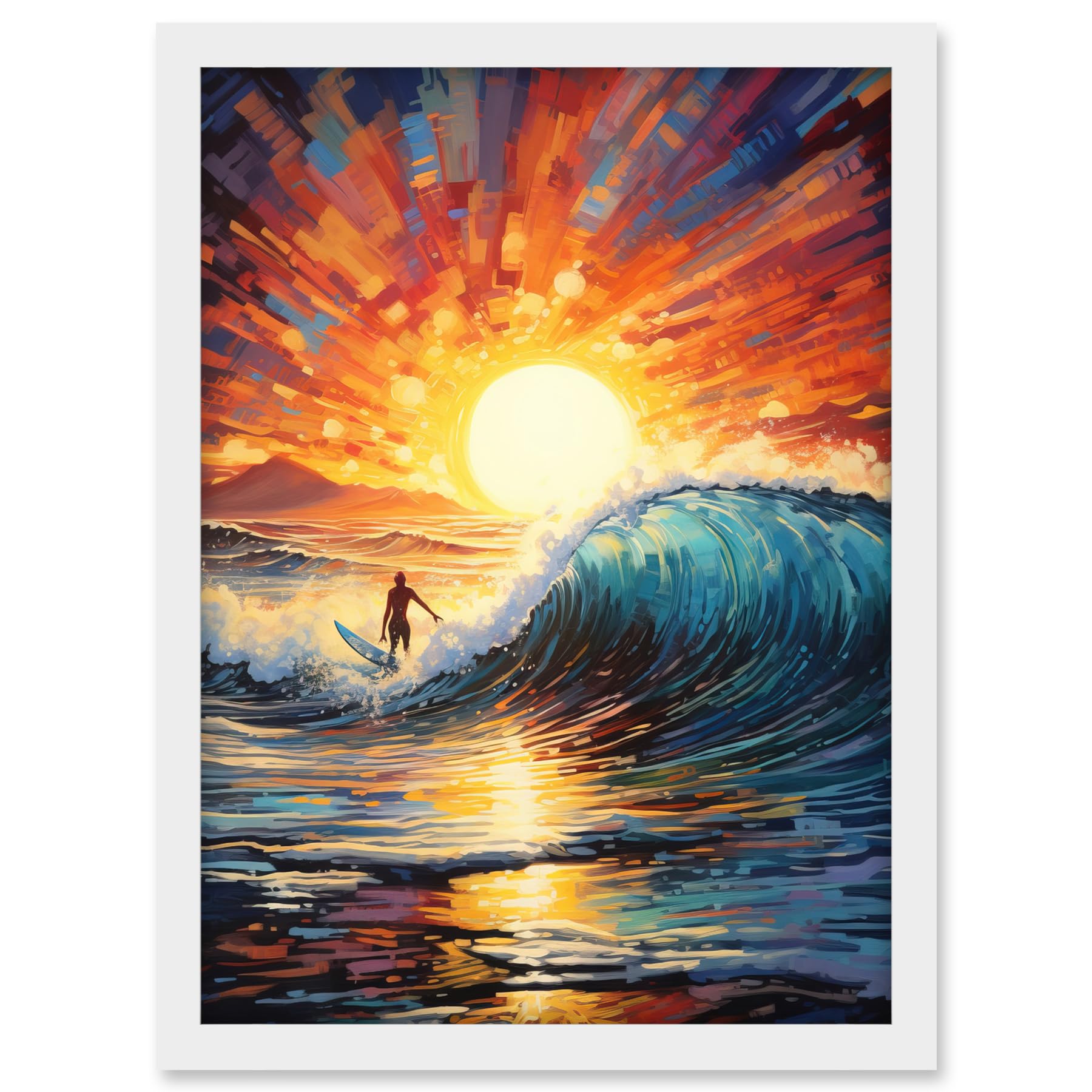 Artery8 Sunset Surf Waves Surfing Artwork Vibrant Blue Purple Orange Setting Sun Behind Surfer in Wavy Seascape Artwork Framed A3 Wall Art Print