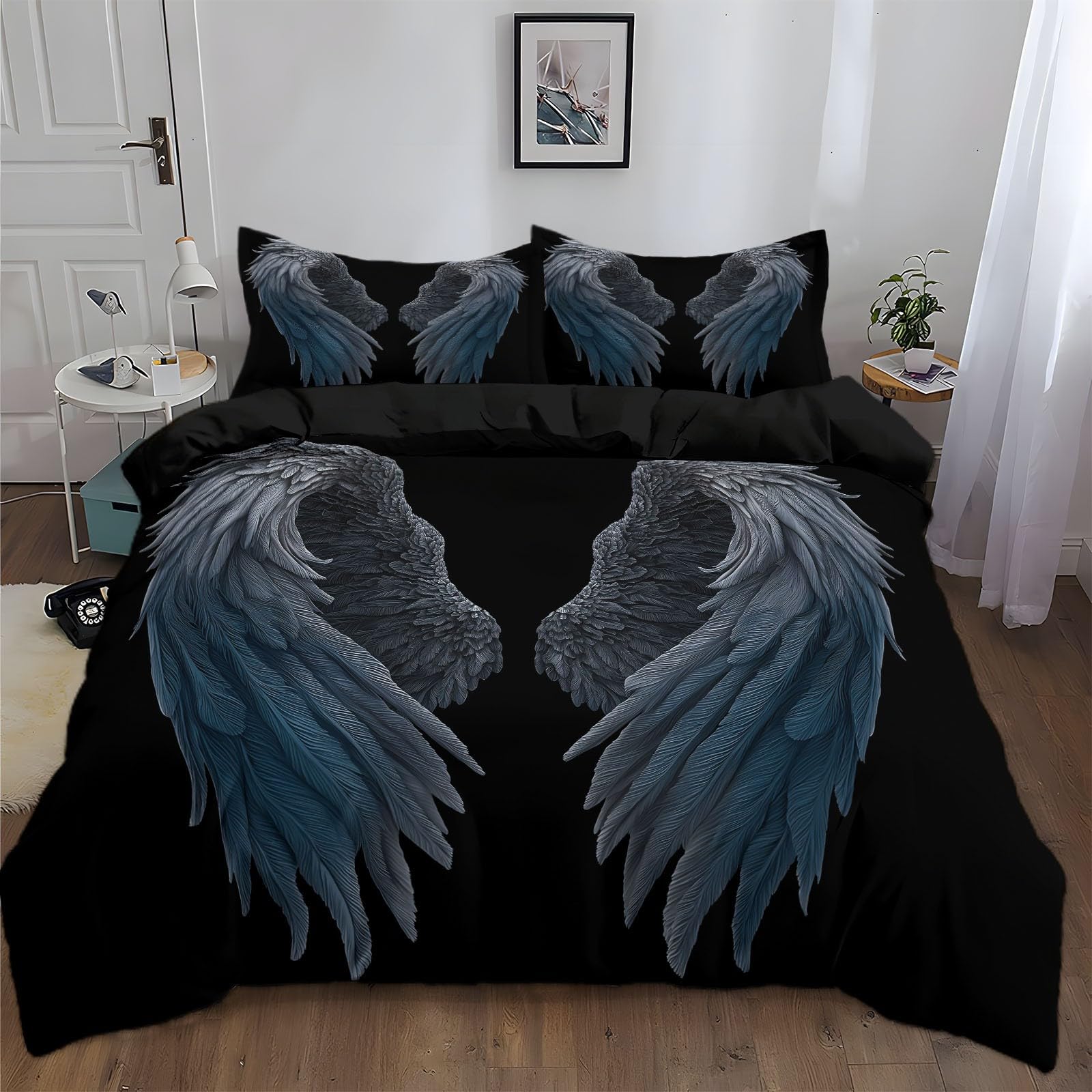 Housse de couette 220 x 240 cm ailes d'ange noire en microfibre douce avec 2 taies
