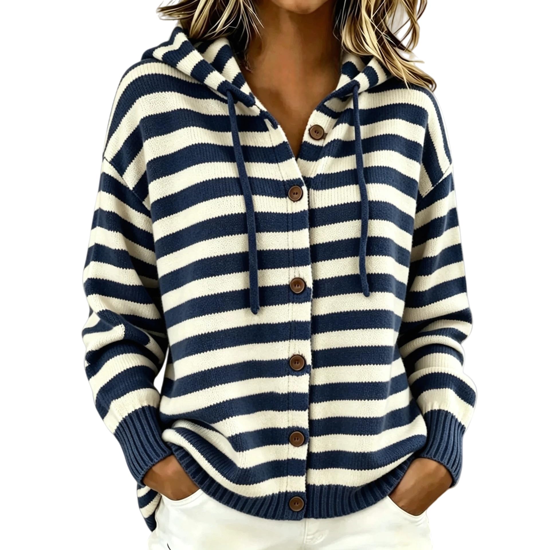 Gilet À Capuche Rayé pour Femme Manches Longues Fermeture Boutonnée en Maille Veste De Mi-Saison Cordon De Serrage Idéal pour Le Bureau et Les Sorties Décontractées Au Quotidien Rayures Bleu M