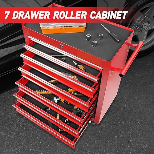 Miniatura 7 de Carrito de herramientas de 7 cajones sobre ruedas, cofre de herramientas de almacenamiento rodante multifuncional, organizador de carrito de
