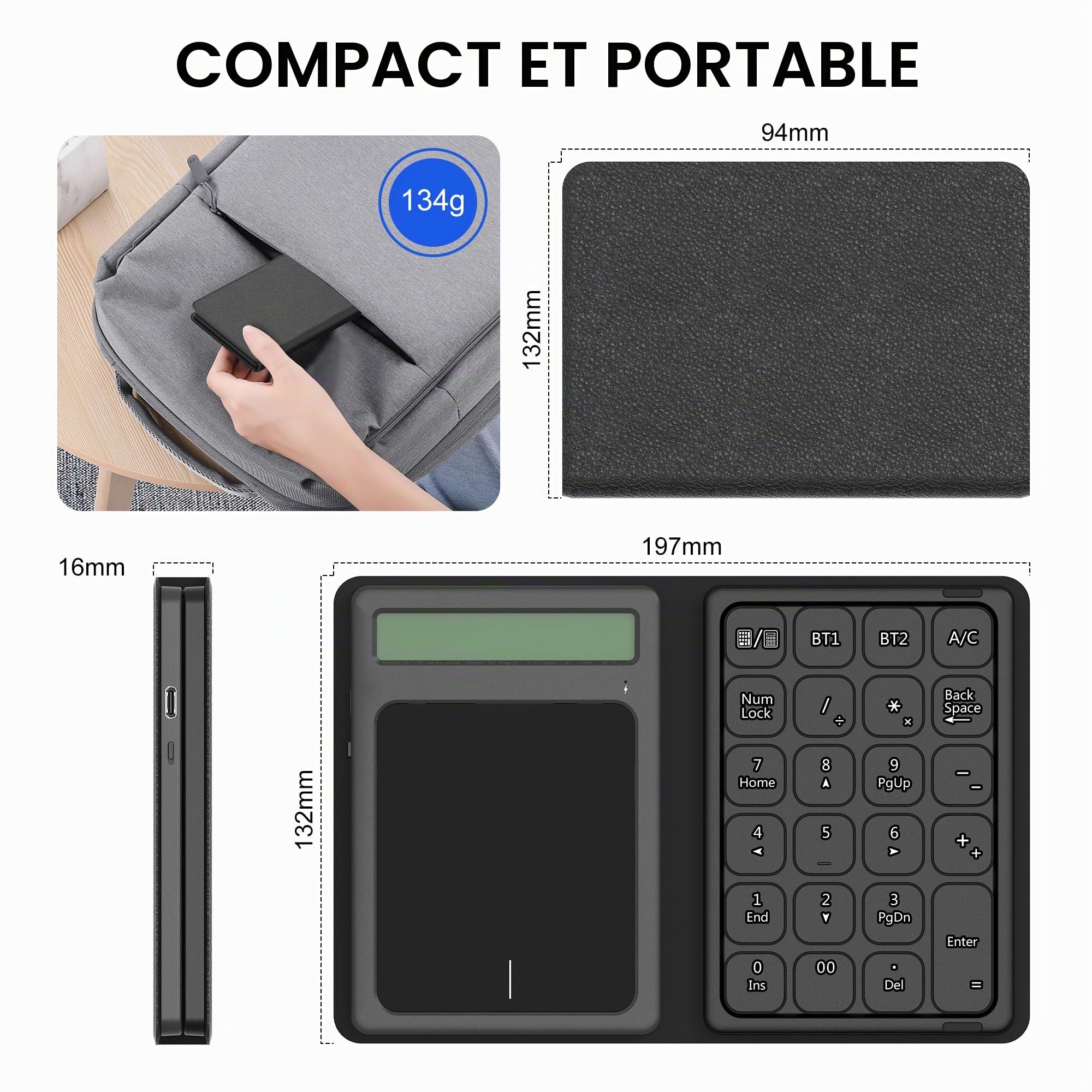 Pavé numérique Bluetooth avec calculatrice & tactile - Pavé numérique sans fil portable, pliable et rechargeable, 23 touches, Bluetooth clavier numerique,calcul et pavé tactile 3 en 1 pour pc portable