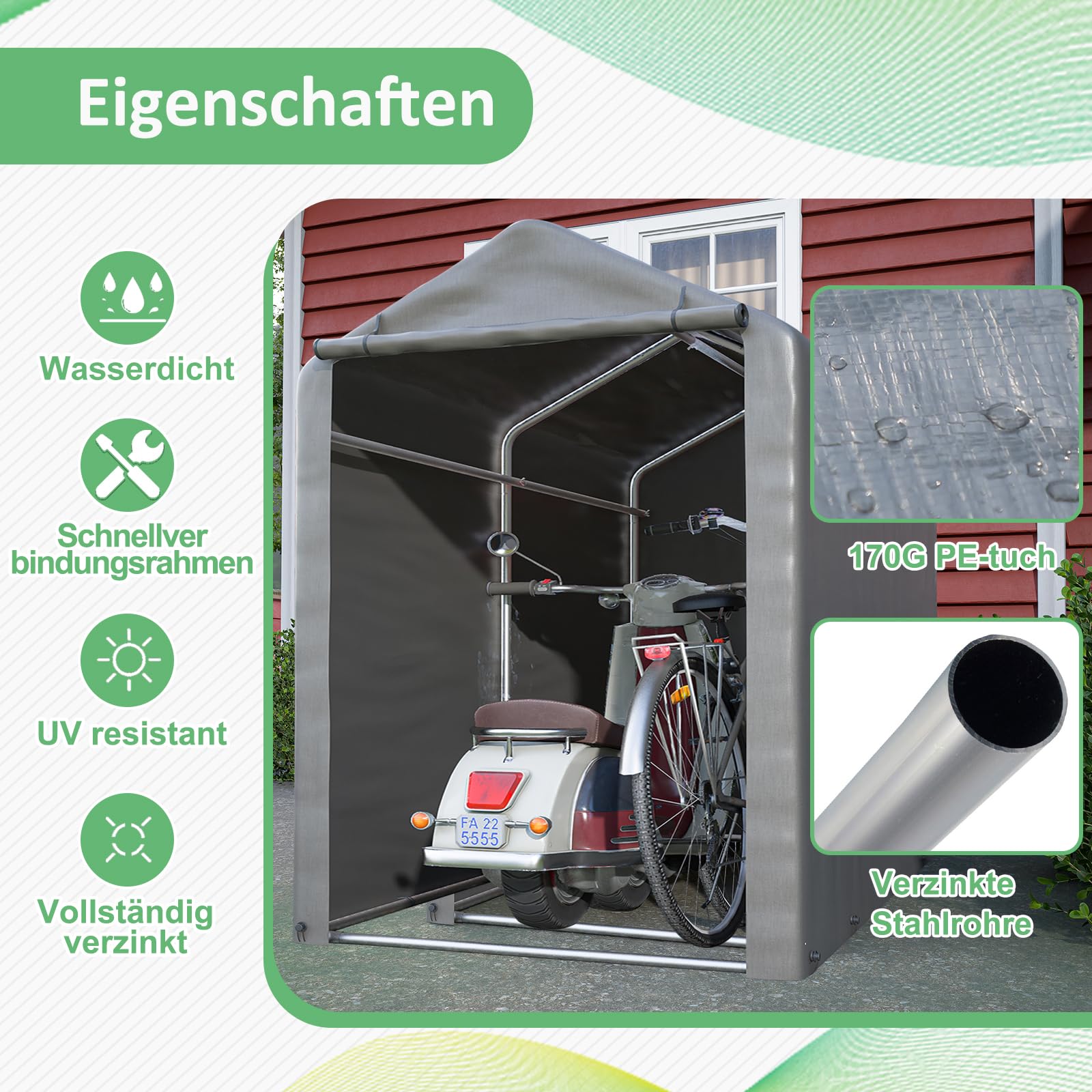 Thanaddo Fahrradgarage 100x187x160cm, Gartenschuppen Geräteschuppen Lagerzelt Carport Gerätezelt, Dunkelgrau