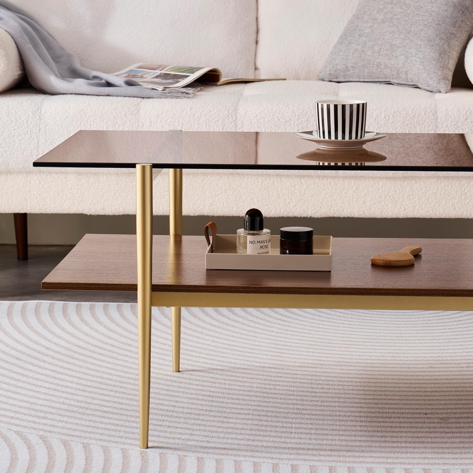 Mesa auxiliar rectangular, diseño moderno de mediados de siglo, 21 pulgadas de largo x 17 pulgadas de alto, para sala de estar, estructura de 2 niveles, parte superior de vidrio ámbar y 7