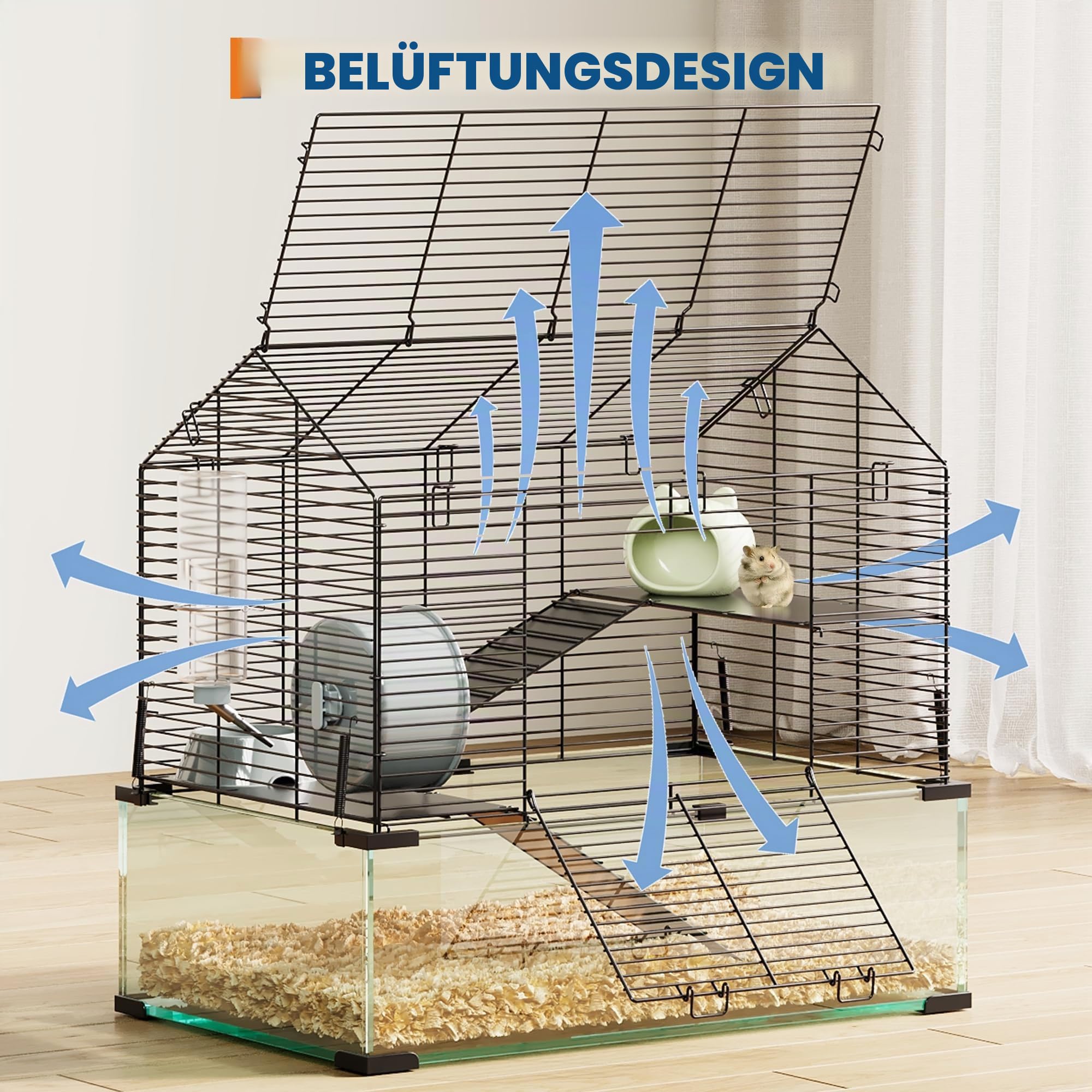 Hamsterkäfig aus Glas und Metallgitter, 360°-Sicht Hamsterlebensraum, Kleintierkäfig 58x39x54 cm, Belüfteter Mäusekäfig mit Wasserflasche, Tragbares Hamsterhaus für Ratten, Meerschweinchen