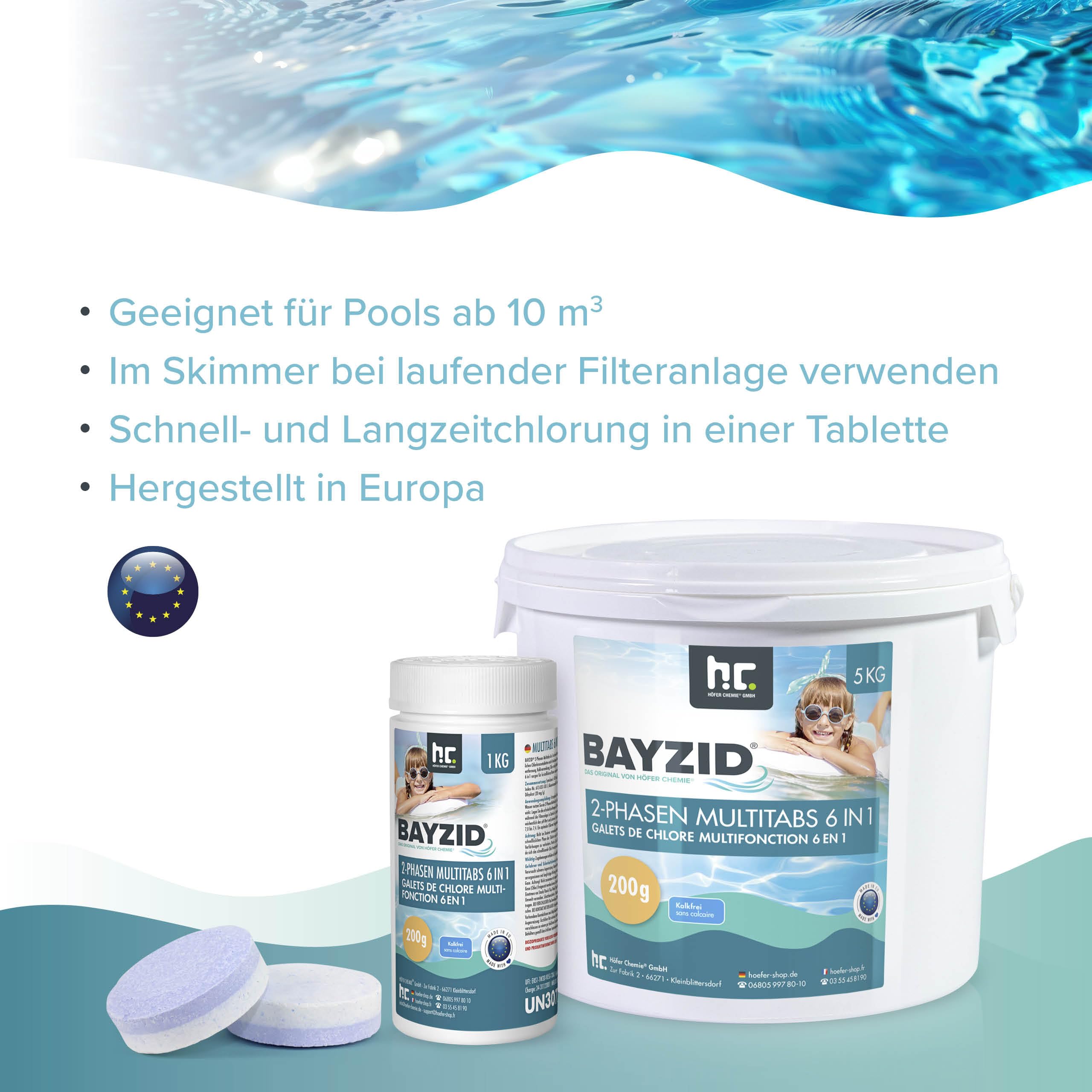 Höfer Chemie Chlor Multitabs 6 in 1-200g Chlortabletten im 5kg Eimer - 2 Phasen Wirkung zur Schockchlorung. Langzeitpflege, Desinfektion, Algenverhütung, Trübungsentfernung, Kalkvermeidung, pH-Wert