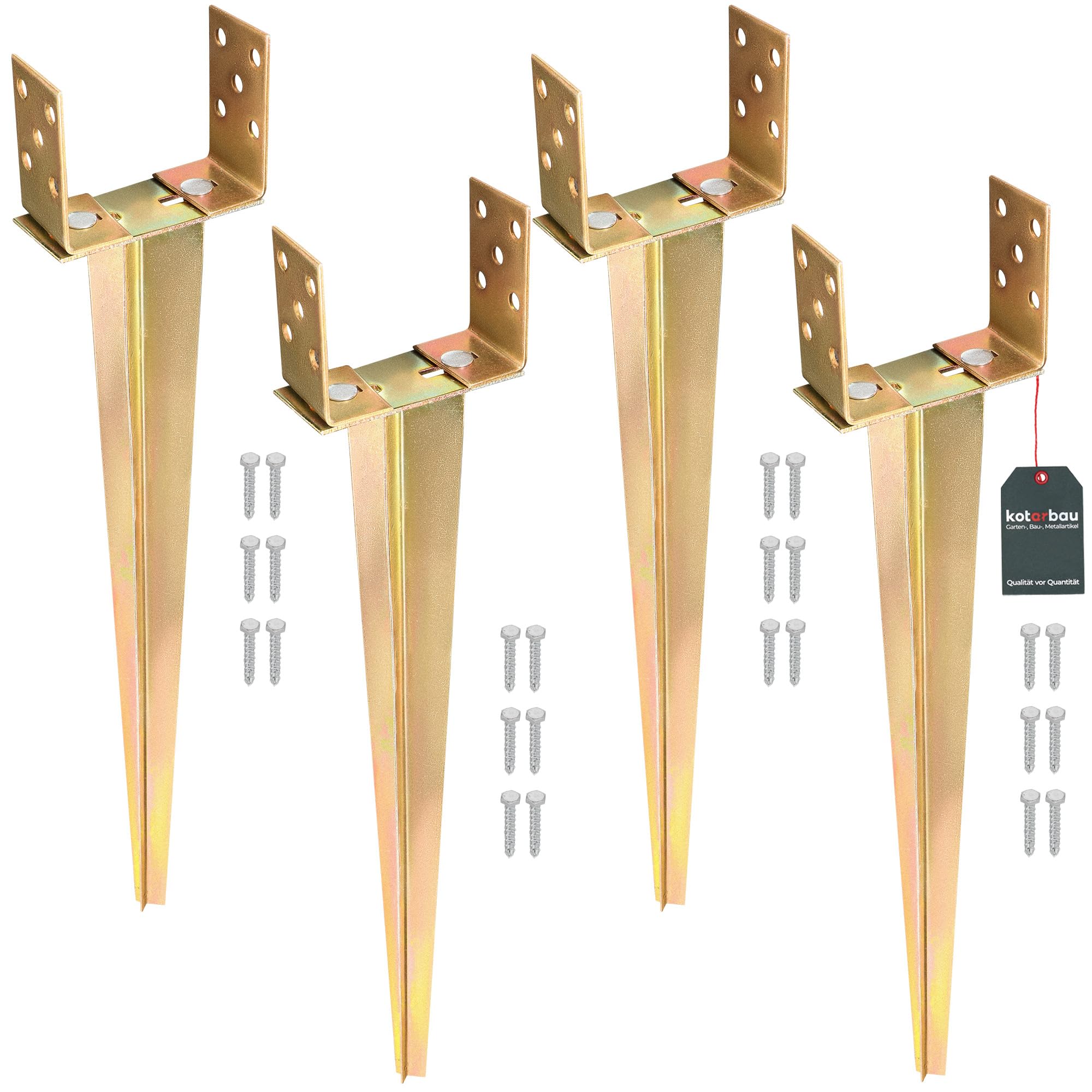 Kotarbau Set Of 4 Kotarbau® 4 Pcs Fence Post Support - 0–160 Mm (0–6.3 Inches) - Galvanised Steel - 70 Cm (27.6 Inches) - Gold - Ground Spike - Adjustable Post Anchor - U Bracket - For Fencing Garden Construction