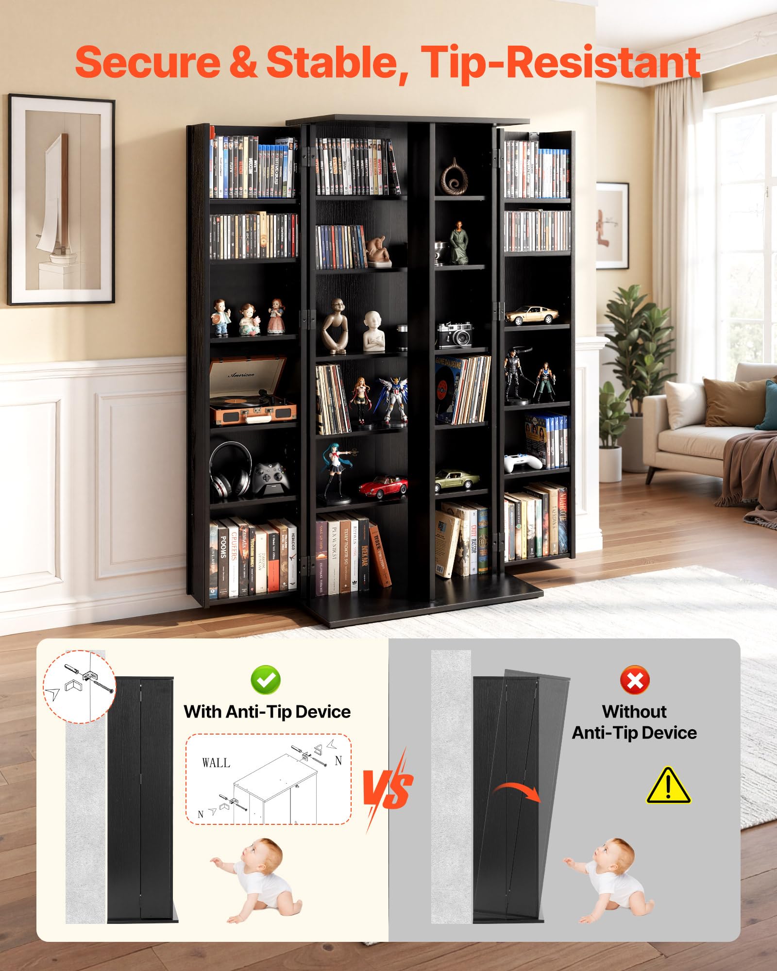 VEVOR Armadietto Portaoggetti Multimediale 6 Ripiani, Mobiletto per CD DVD Giochi con Ante Ripiani Regolabili da Ufficio Studio Soggiorno, Mobiletto Portaoggetti Libri CD DVD 610x368x1270 mm, Nero