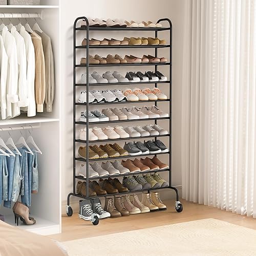 Miniatura 6 de STORAGE MANIAC Zapatero expandible de 10 niveles, 44 pares de zapateros verticales altos, organizador de zapatos ajustable de metal resistente para