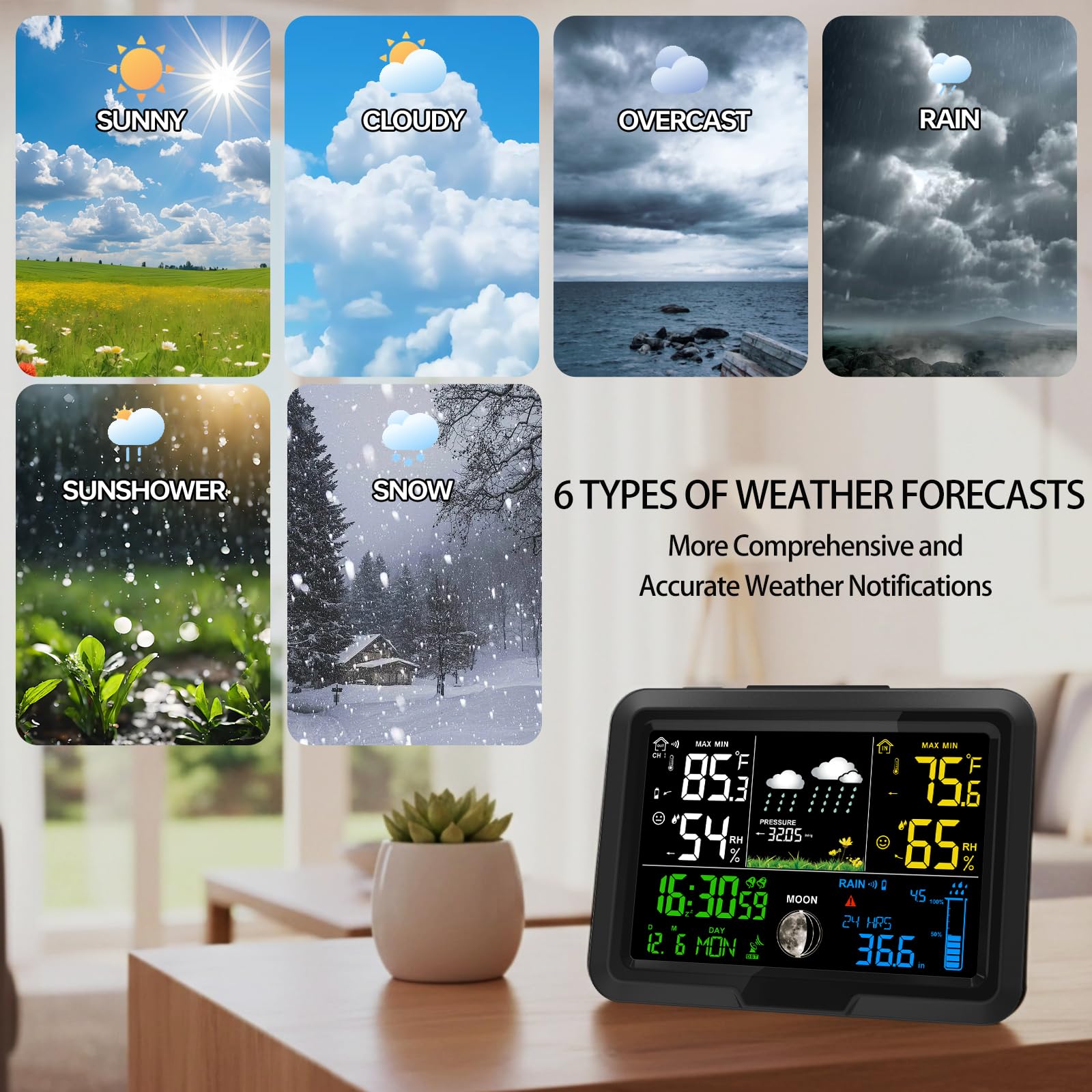 Digitaler kabelloser Regenmesser Außen, Home Wetterstation Kabellos Innen Außen mit Selbstentleerendem Regenmesser, Thermometer, Barometer, Hygrometer, Atomuhr, Wettervorhersage und Alarmen