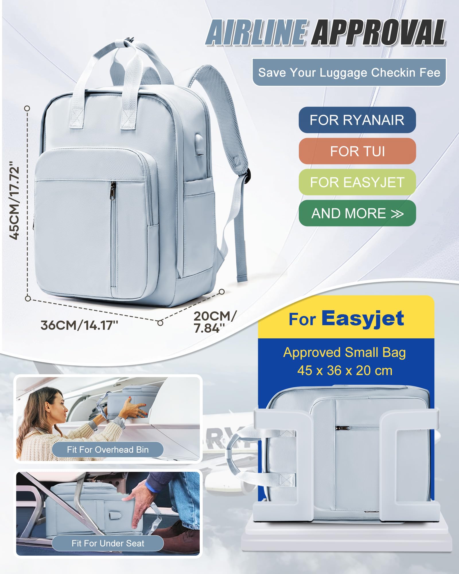 SZLX Zaino Ryanair 40x30x20 Sottovuoto Zaino da Viaggio 40x20x25 Bagaglio a Mano 40x30x20 Wizzair Donna Uomo Borsa da Cabina per Easyjet 45x36x20 Adatto a Laptop da 14 Pollici Impermeabile per Lavoro