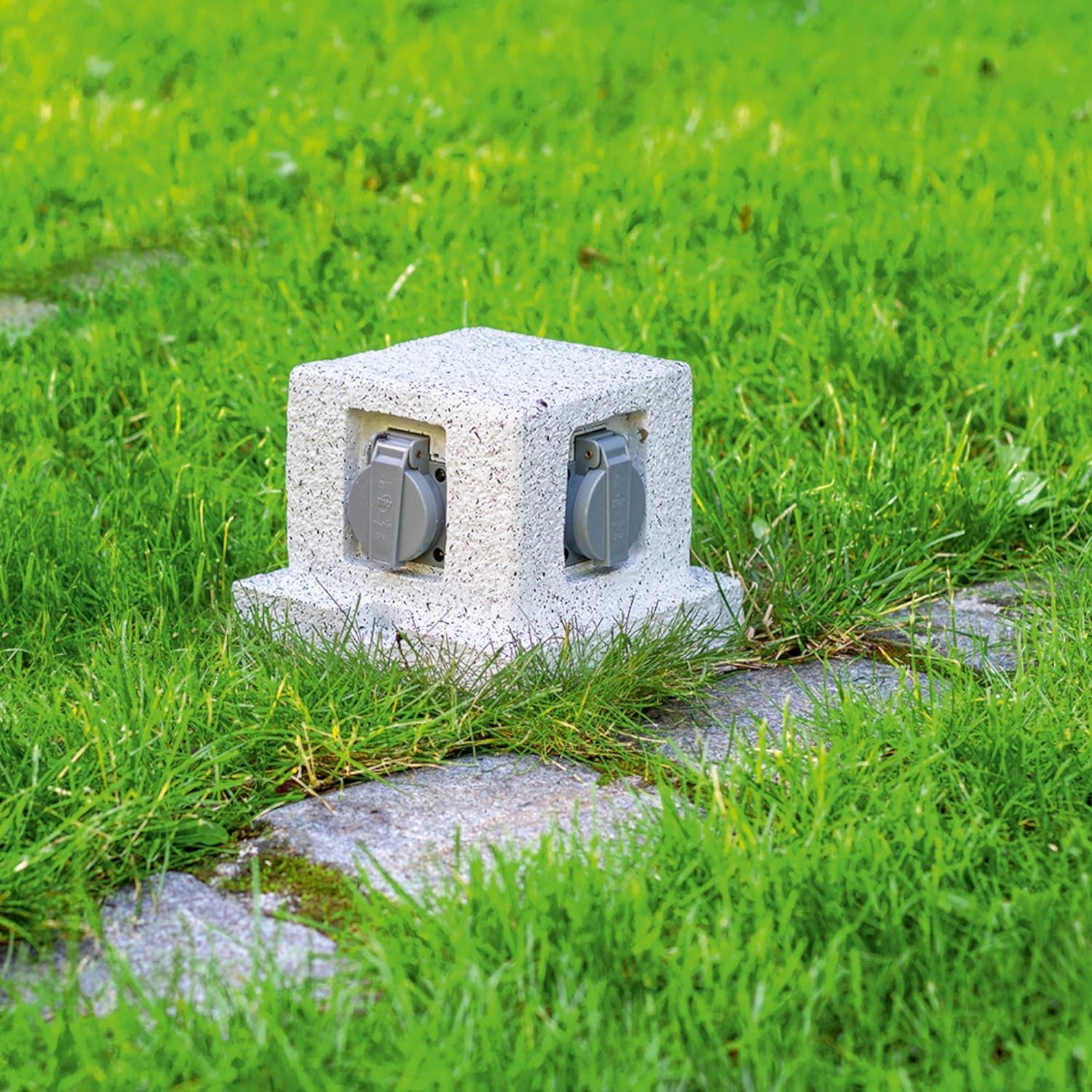 Enchufe Exterior Enchufe Estanco con Aspecto de Piedra Toma Corriente 4 x 2 Polos +Tierra (Schuko) Cable de Goma H07RN-F 3x1, 5mm²
