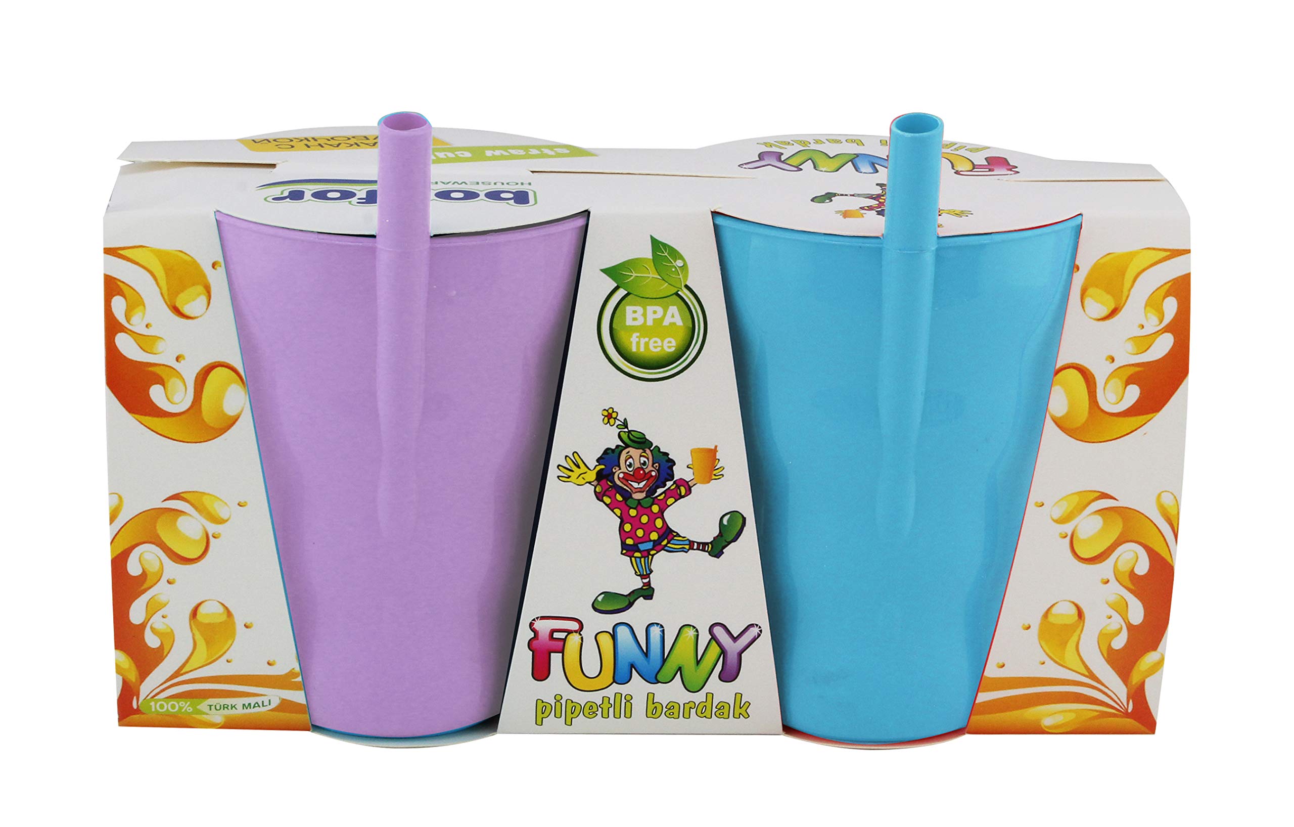 Cup With Straw, Plastic Cup with Built in Straw for Kids, Pack of 2, purple/blue