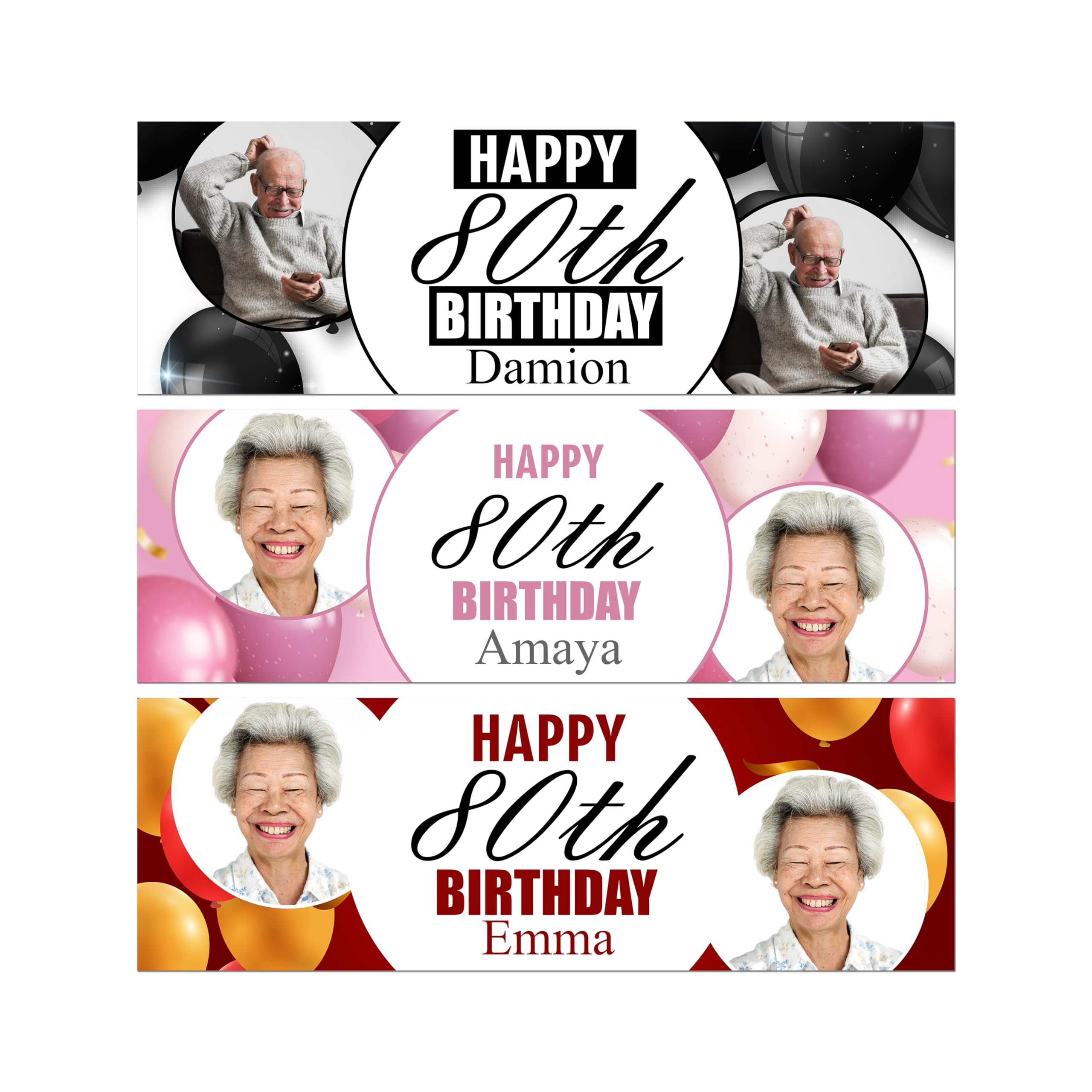 Personalised 80th Birthday Banner, Black, Gold and Red Design, Custom Name and 2 Photos
