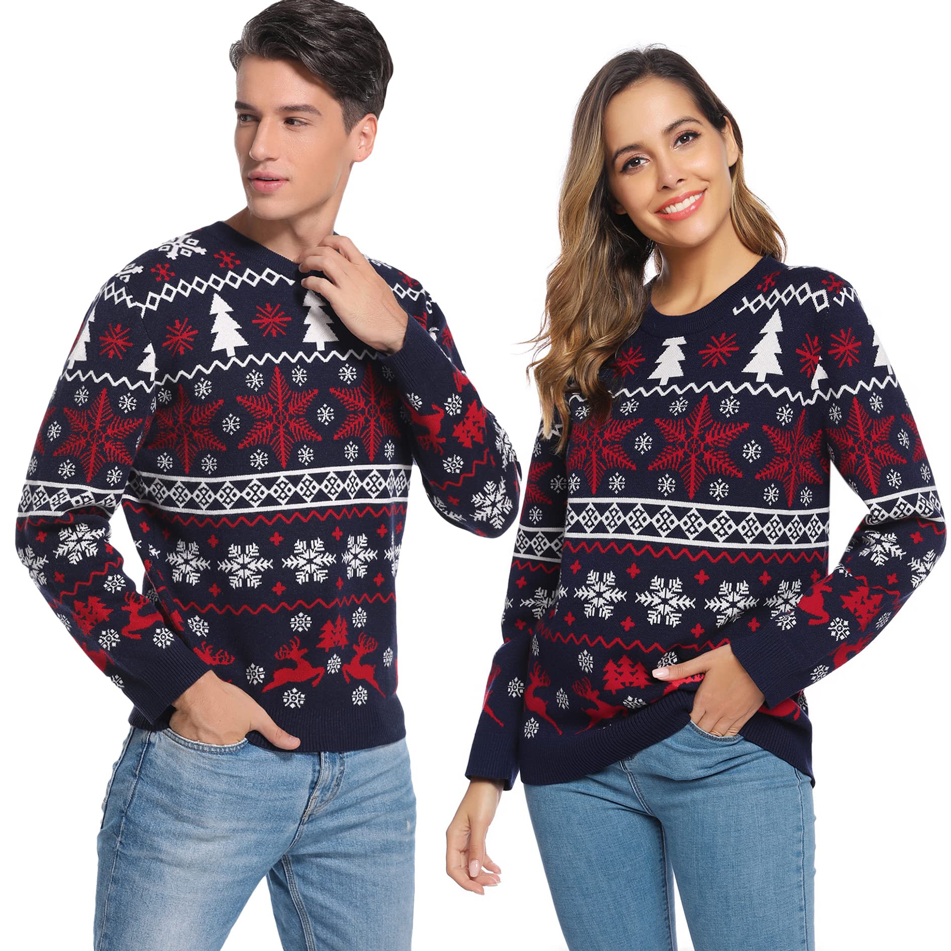 Litherday Jersey Navidad Mujer Hombre Unisex Suéter Navideño Pareja y Familia con Copos de Nieve y Reno, Ropa Navidad Divertida, Regalo Original S-XXL