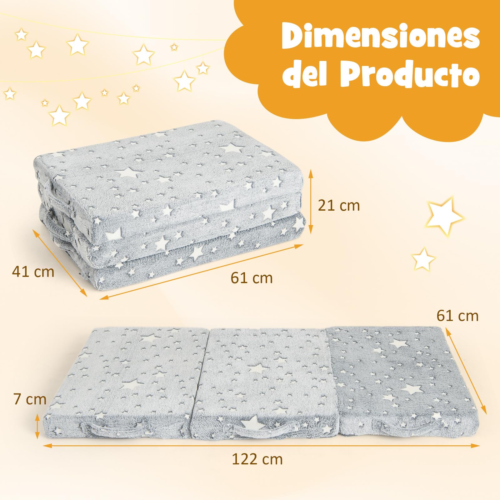 COSTWAY Colchón Cuna 122 x 61 x 7cm, Colchoneta de Suelo Plegable 3 Secciones, Estrella Brilla en Oscuridad, Funda Extraíble y Lavable a Máquina, Colchon Cuna de Viaje con Bolsa de Almacenaje