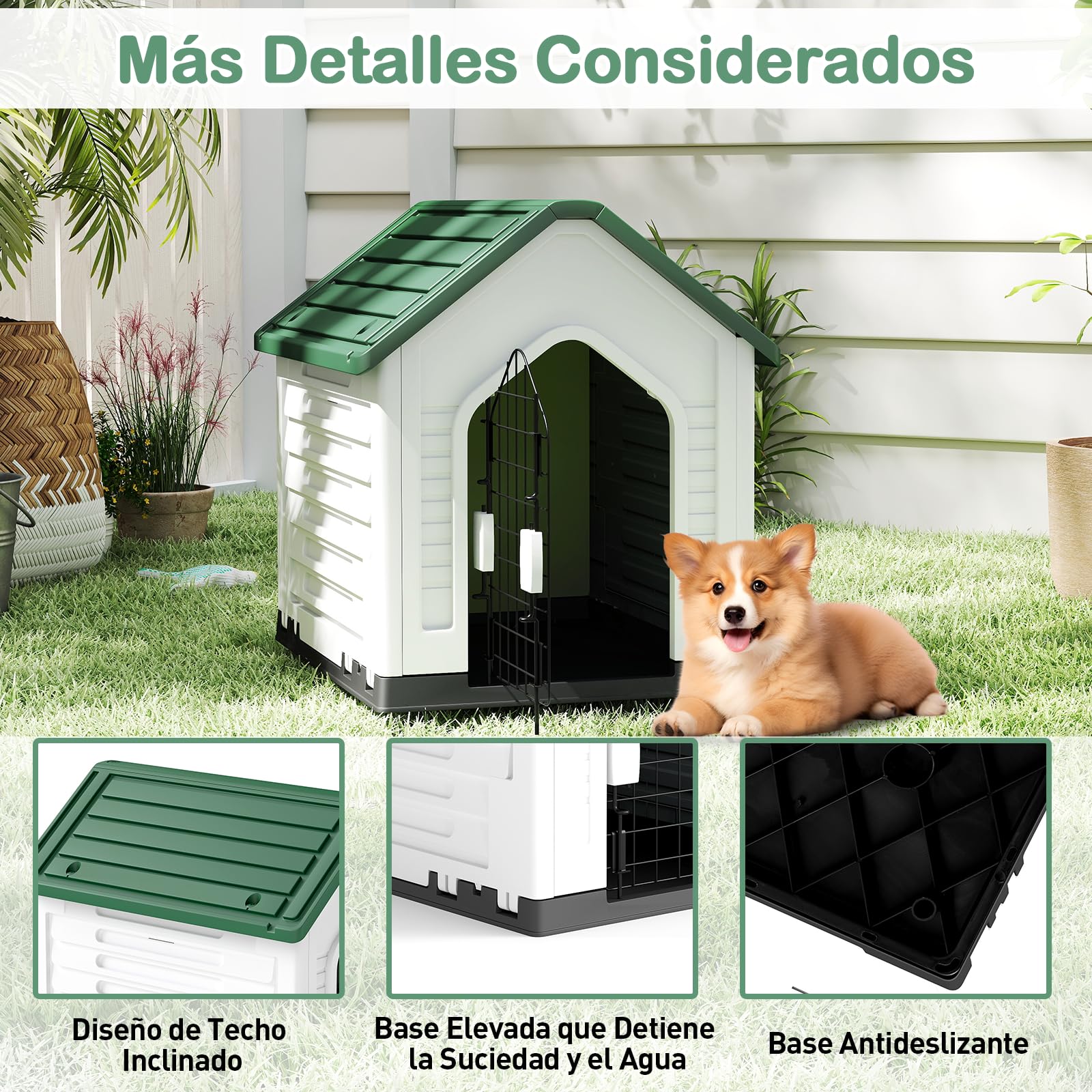 GYMAX Caseta para Perros, Casa de Plástico para Perros con Puerta Metálica Bloqueable, Techo Inclinado, Buena Ventilación, Refugio para Animales Adecuado para Interior, Exterior (Verde)