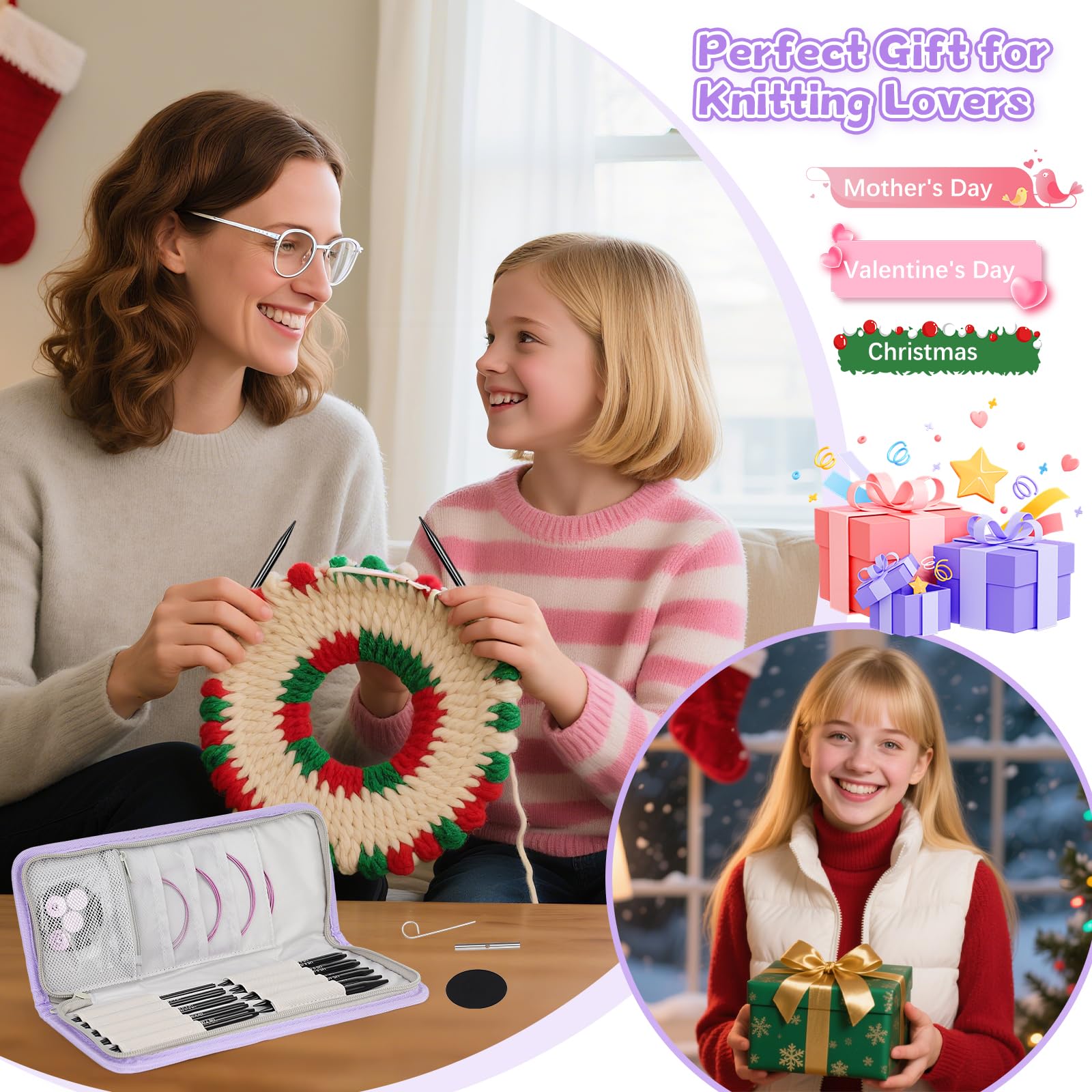 Coopay 9 Paires Aiguilles Circulaires Tricot Interchangeable, Aiguille à Tricoter en Aluminium de 3,0-8,0mm, Kit Tricot Debutant, Aiguille Circulaire Tricot pour Layette, Pull, Écharpe - Violet