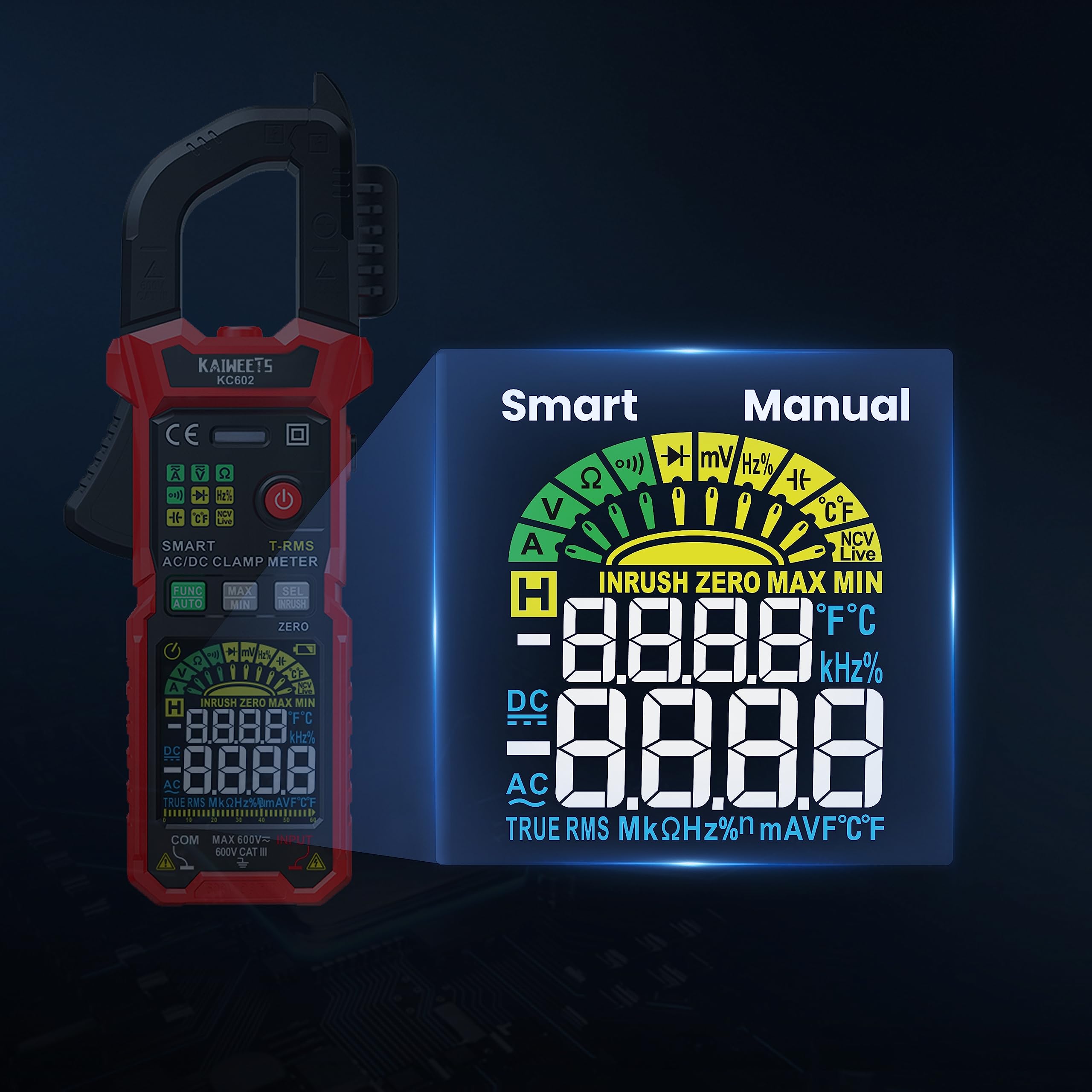 KAIWEETS Digital Pinza Amperimétrica Inteligente,Pinza de corriente profesional, Medición de corriente AC/DC tensión temperatura NCV Inrush, KC602