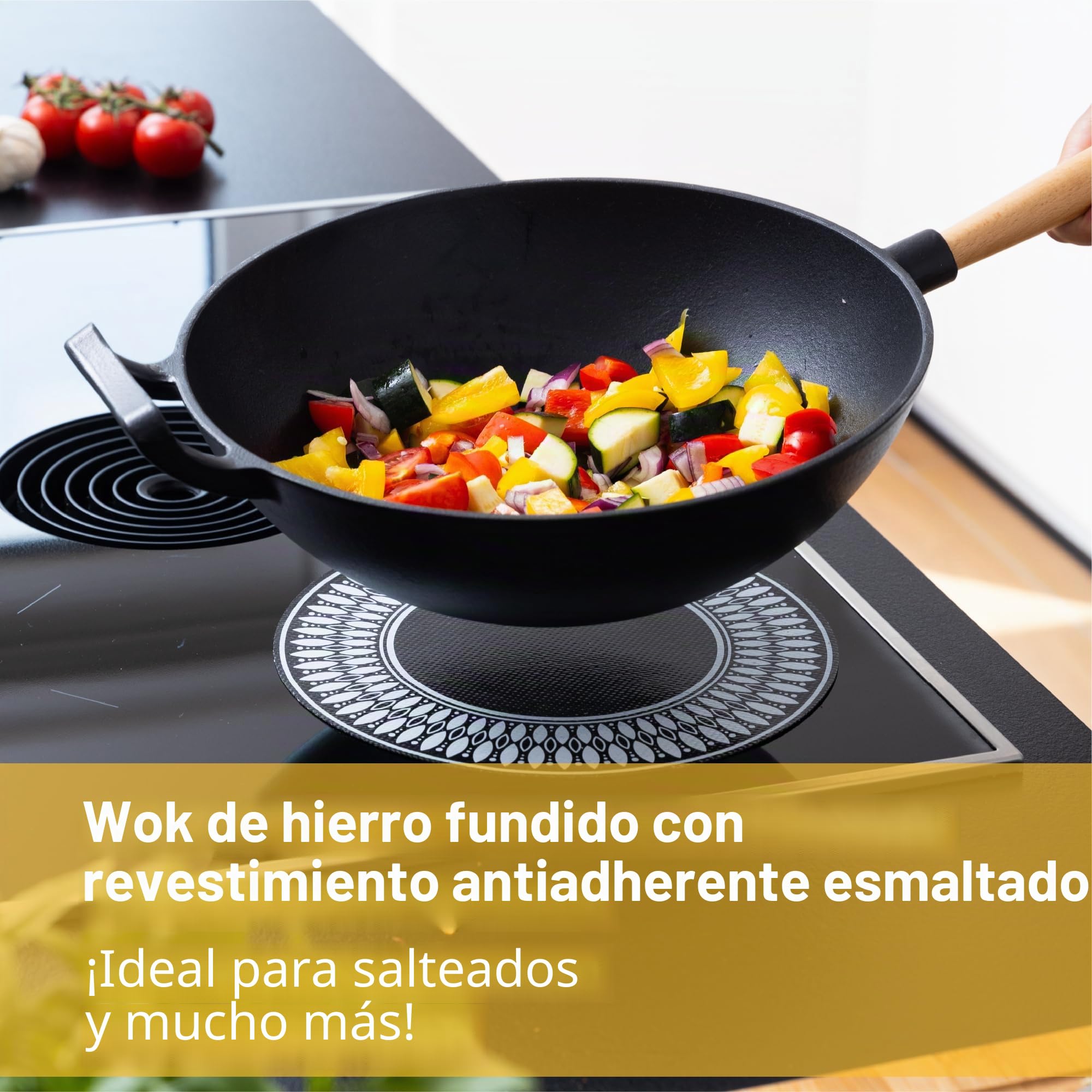 Wok de hierro fundido con revestimiento esmaltado, sartén antiadherente con mango de madera desmontable, utensilios de cocina, sartén de hierro fundido, wok antiadherente, 28 cm de diámetro