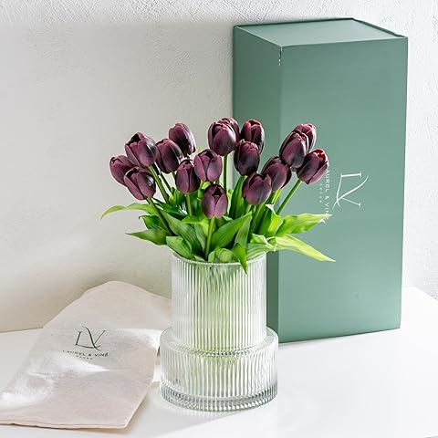 Purple Tulips with Vase Ribbed Glass Vase with 20 Realistic Artificial Flowers Gift...