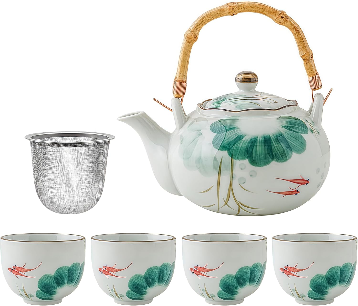 Old Craftsmen’s Tea Pot Japanese Tea Kettle and Cups Set with Removable Loose Tea Leaf Infuser – 1 Porcelain Teapot (22oz) with Bamboo Handle and Stainless Steel Strainer, 4 Teacups (5oz) Lotus Koi