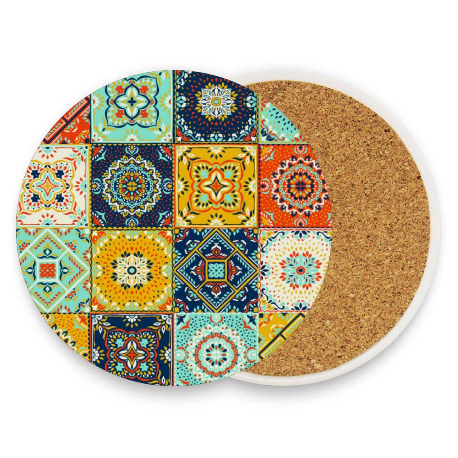 Talavera Indian Ceramic Portugal Turkish Moroccan Tile Mosaic Ethnic 1 PC Ceramic Wooden Mat Round Coaster, Non-Slip Lightweight Wooden Coaster for Party Home Office Kitchen Bar Coffee Table