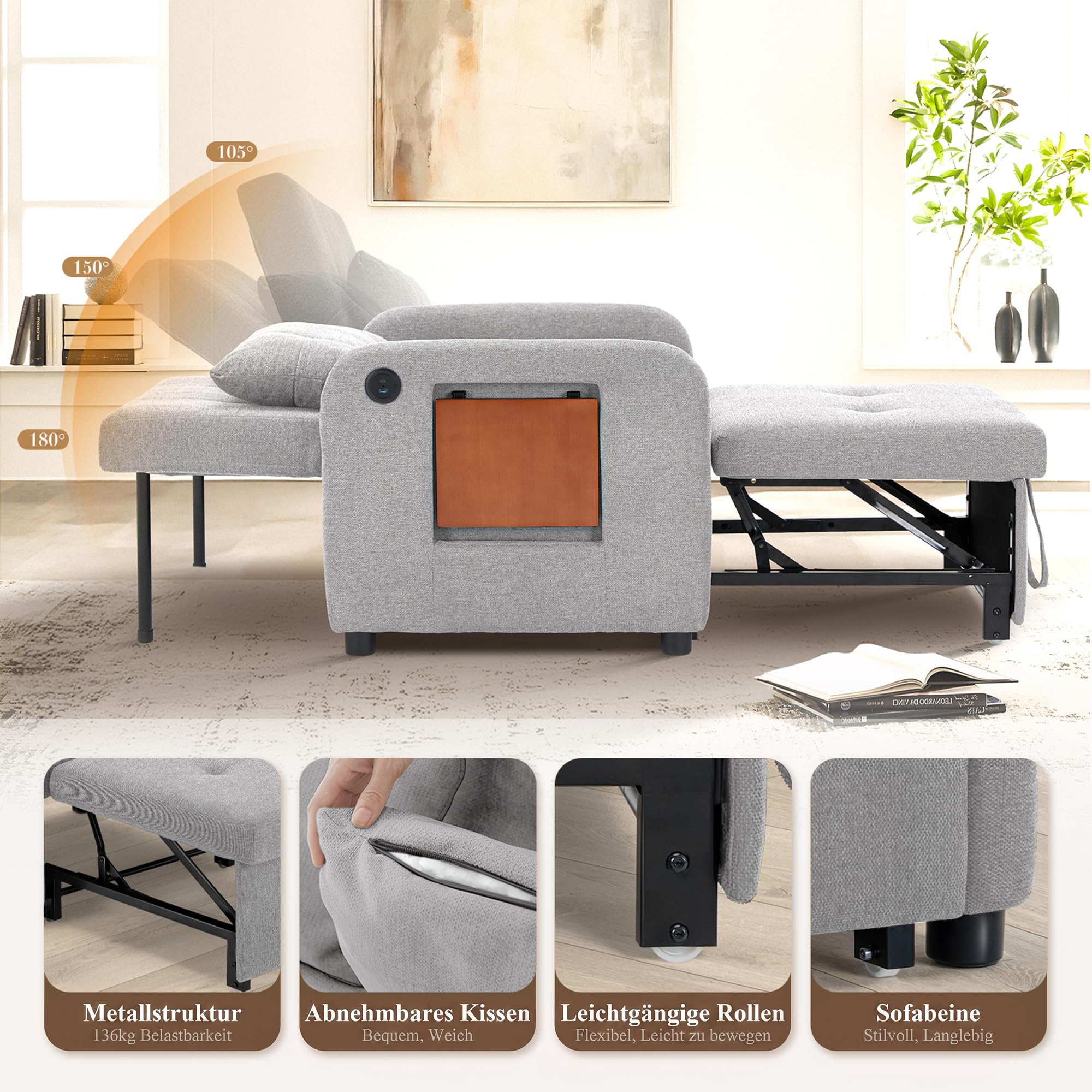 COLAMY Verwandelbarer Schlafsessel Stoff Futon Sofa Bett, Einzel Schlafsofa mit USB Anschluss, klappbarem Tisch, Kissen und Verstellbarer Rückenlehne für Wohnheim, Schlafzimmer, Hellgrau