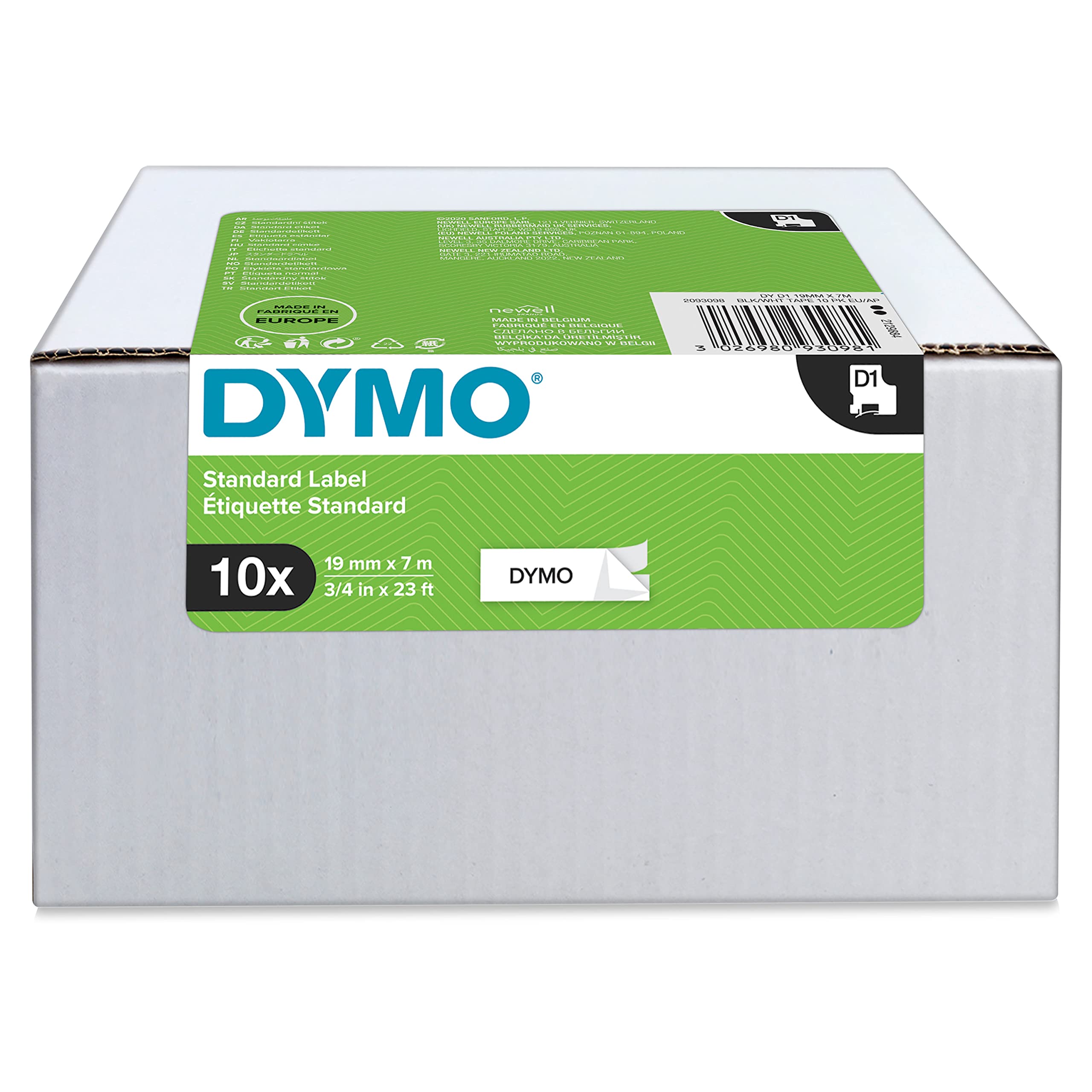 DYMO Original D1-Etikettenband | schwarz auf weiß | 19 mm x 7 m | selbstklebendes Schriftband | für LabelManager-Beschriftungsgerät | 10 D1 Etikettenkassetten