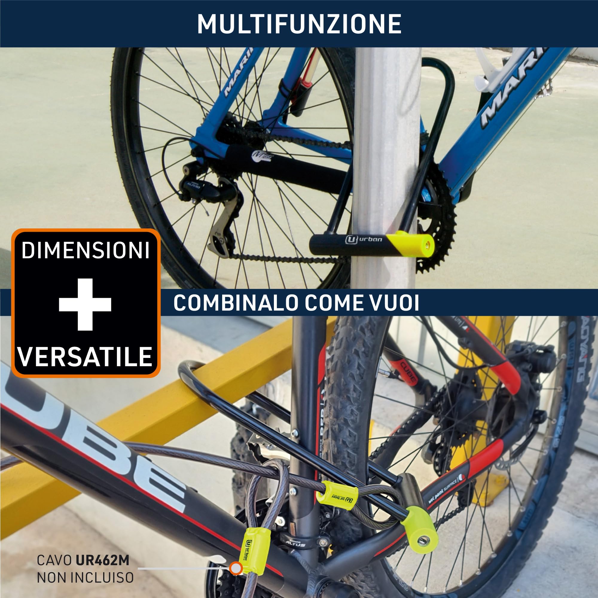 URBAN 12U300 Lucchetto a U Bici Alta Sicurezza, Leggero e con Ampio Archetto ø15 in Acciaio Temprato a Doppia Chiusura, Supporto per Trasporto Facile, Antifurto per Bici e Monopattino