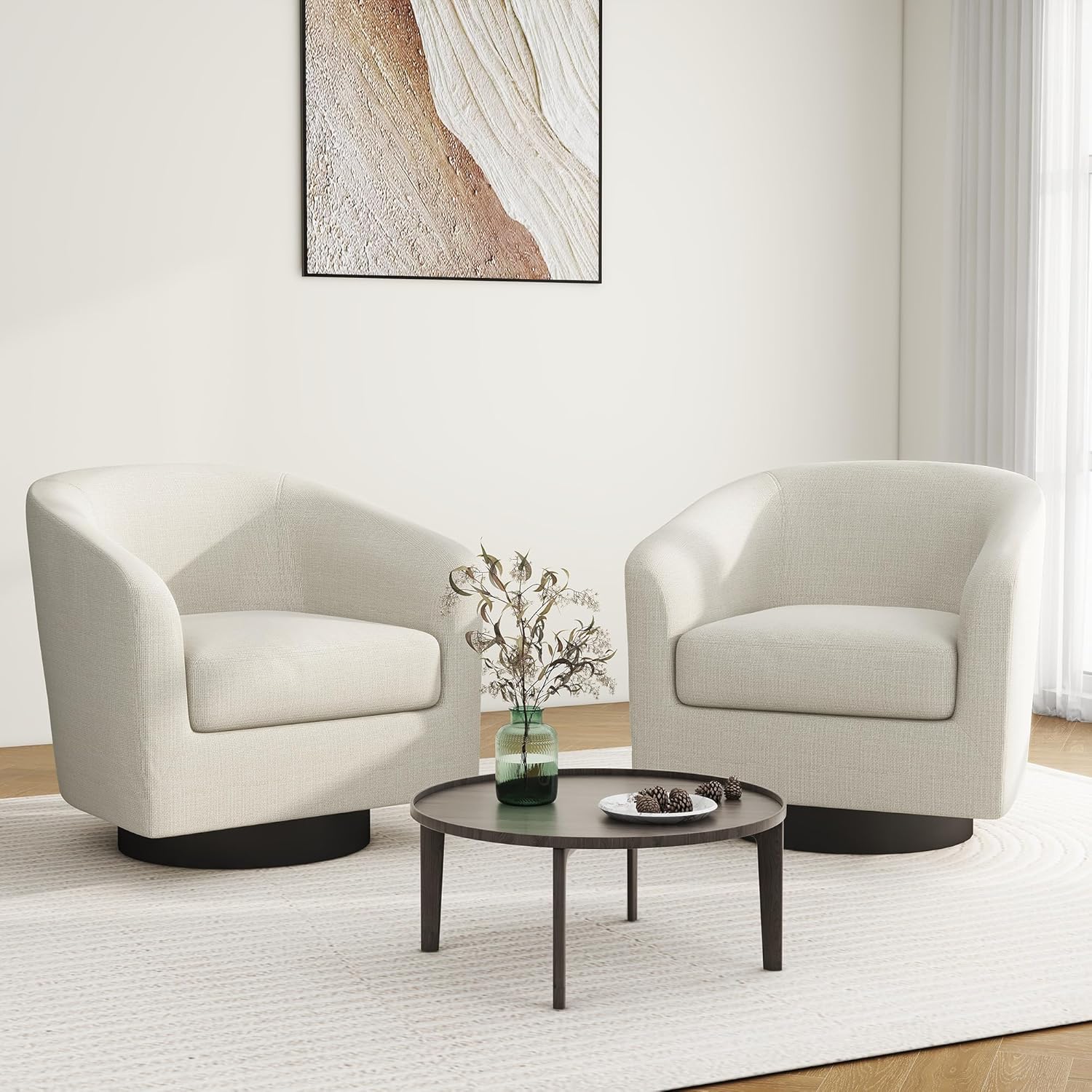 Swivel Barrel Accent Chair, Modern Round Linen Arm Chair for Living Room, Bedroom, Comfy Club Reading Chairs for Adults（Linen Fabric, Beige, Set of 2