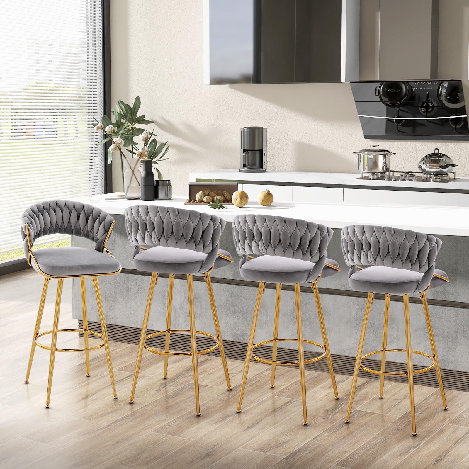 COSTWAY Juego de 2 Taburetes de Terciopelo, Taburetes de Barra de 73 cm con Respaldo Tejido y Patas de Metal Dorado, Taburetes de Cocina Tapizados sin Brazos con Reposapiés(Gris)