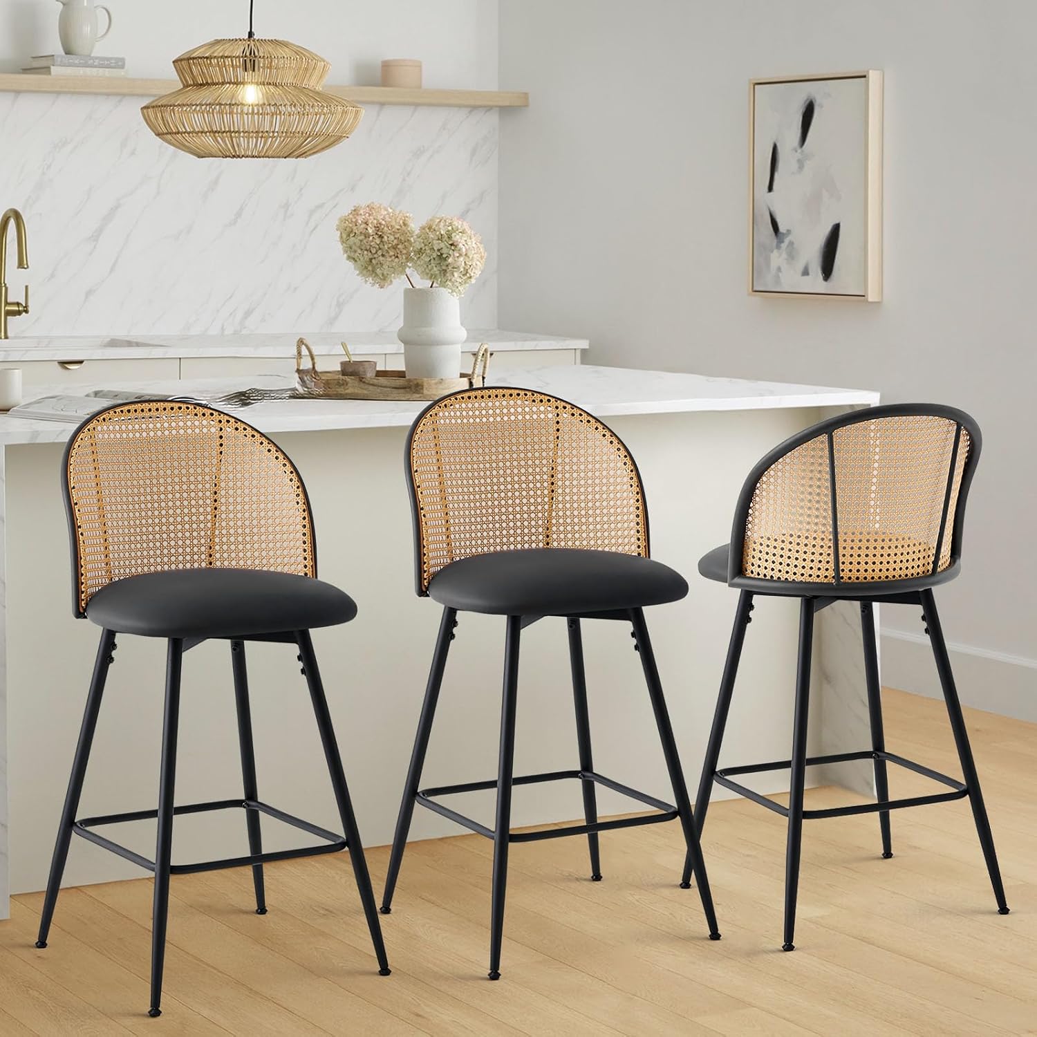 Black Bar Stools Set of 3, Swivel Counter Stools with Rattan Back & Metal Legs, 26″ PU Leather Barstools Counter Height, Mid Century Modern Bar Chairs Island Stools for Kitchen Counter Black Bar Stools Set of 3, Swivel Counter Stools with Rattan Back & Metal Legs, 26″ PU Leather Barstools Counter Height, Mid Century Modern Bar Chairs Island Stools for Kitchen Counter