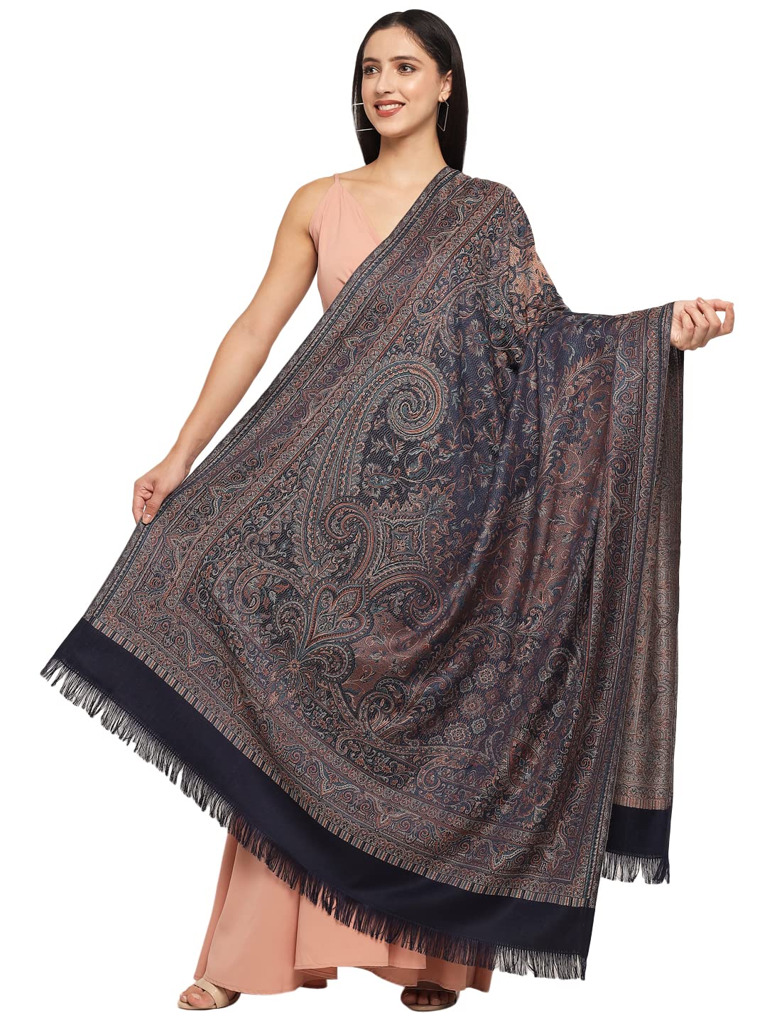 Women's Jamawar Shawl, Heritage Design, Navy Blue-image-32