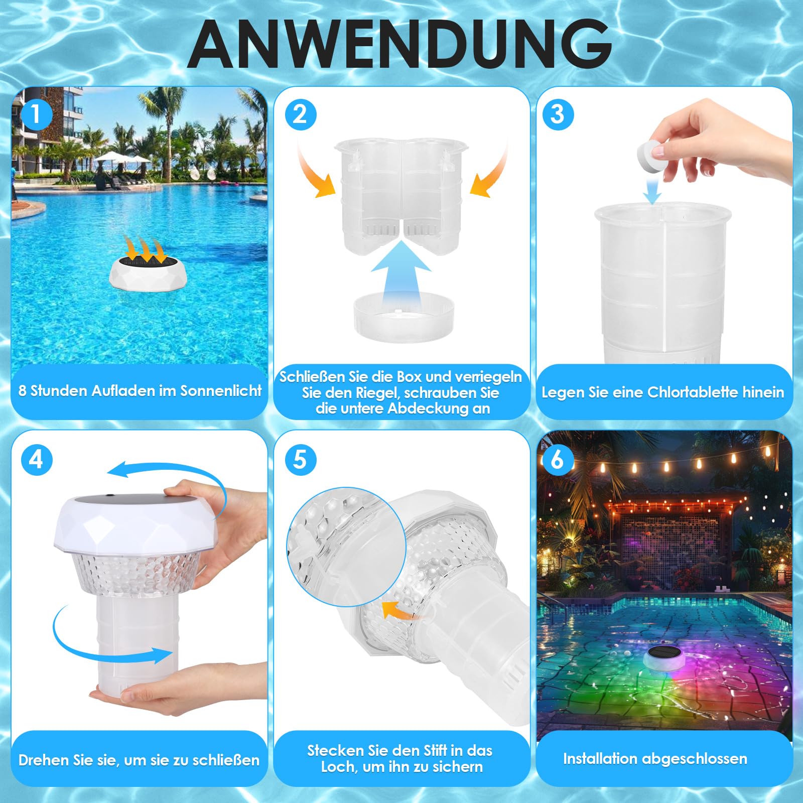ZWOOS Dosierschwimmer Pool, Schwimmer für Chlortabletten (Leer), Chlordosierer für Pool, Poolbeleuchtung Solar, Schwimmend Chlor Spender, RGB Pool Licht, IP68 Wasserdicht, Pool Deko Lampe (1 Stück)