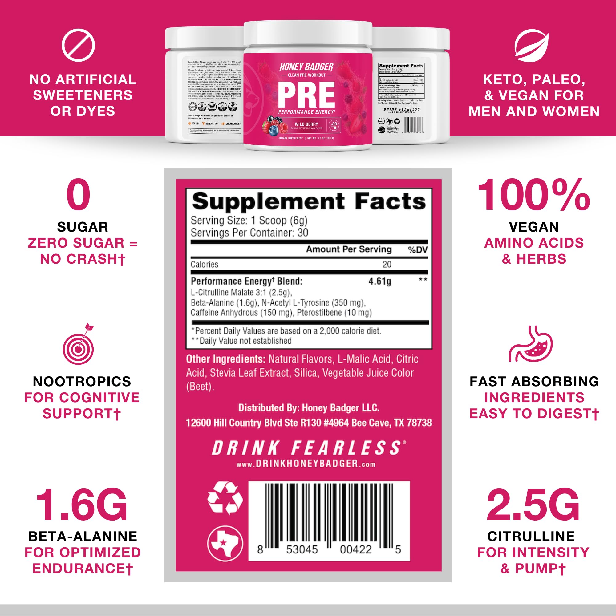 Honey Badger Pre Workout Powder, Keto Vegan Preworkout for Men & Women, Beta Alanine & Caffeine, Sugar Free Natural Energy Supplement, Wild Berry, 30 Servings — Amazon image 5